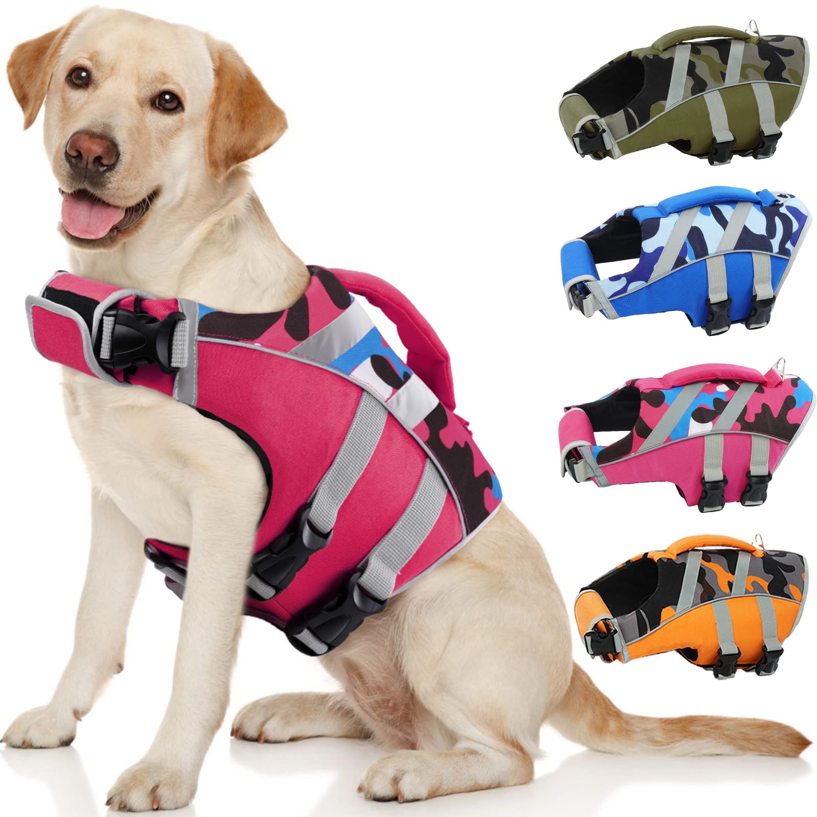 Kuoser Dog Life Jacket With Reflective Stripes - Adjustable High Visibility Vest, Ripstop Lifesaver, Pet Preserver With High Flo