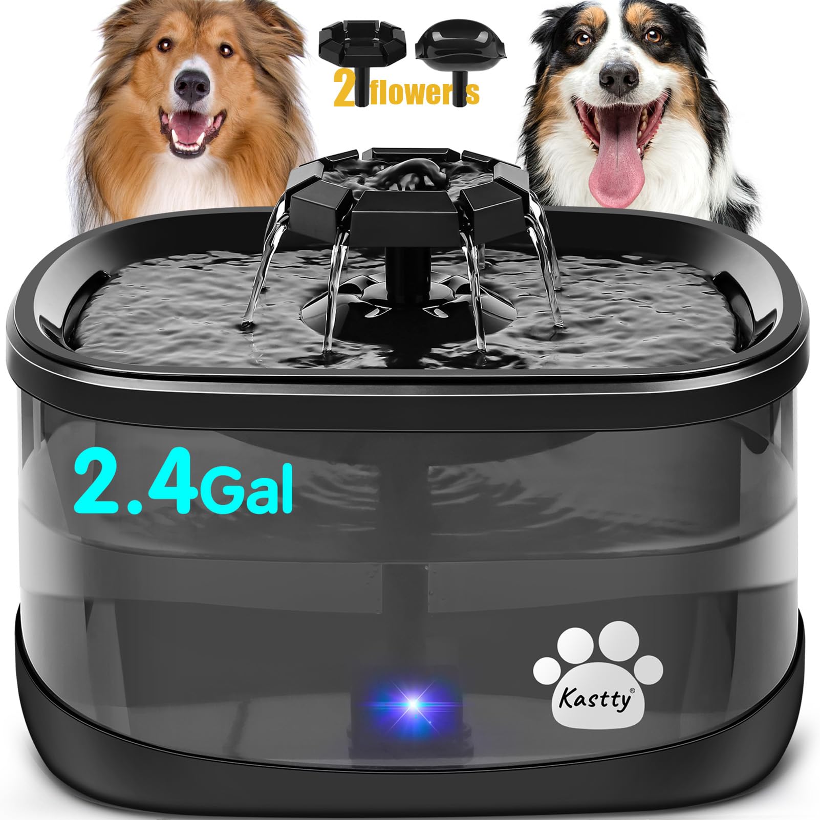 Kastty 300oz/9L Dog Water Fountain Extra Large Pet Fountain with 3 Flow Modes& Larger Filter Super Filtration& Smart 3 in 1 LED 
