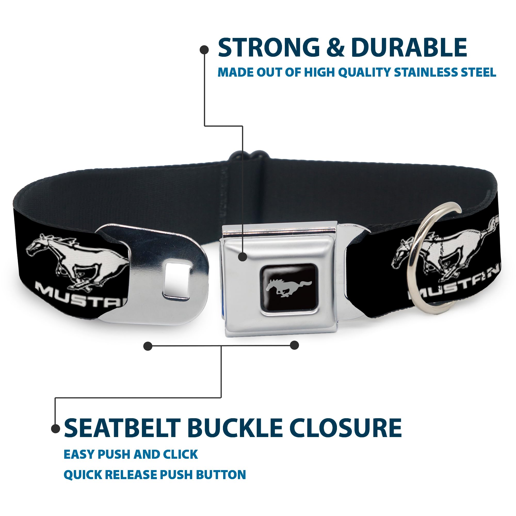Buckle-Down Seatbelt Buckle Dog Collar - Ford Mustang Black/White Logo Repeat - 1'' Wide - Fits 15-26'' Neck - Large