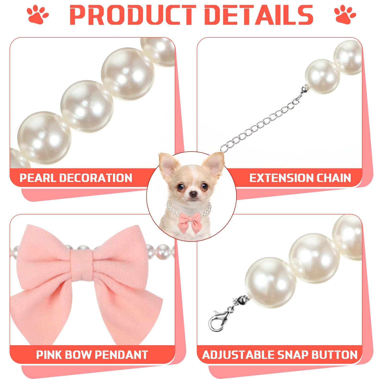 Leifide Dog Pearls Collar Necklace Jewelry With Pink Bow Pendant Fancy Pearls Pet Collars Adjustable Dog Cat Necklace For Weddin