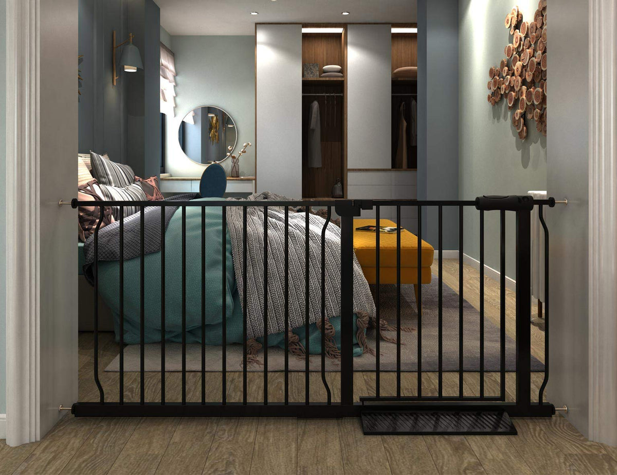 Cosend Extra Wide Baby Gate Extra Tall Tension Indoor Safety Gates Black Metal Large Pressure Mount Pet Gate Walk Through Safety Dog Gate For The House Doorways Stairs (57.48'-62.2'/146-158Cm, Black)