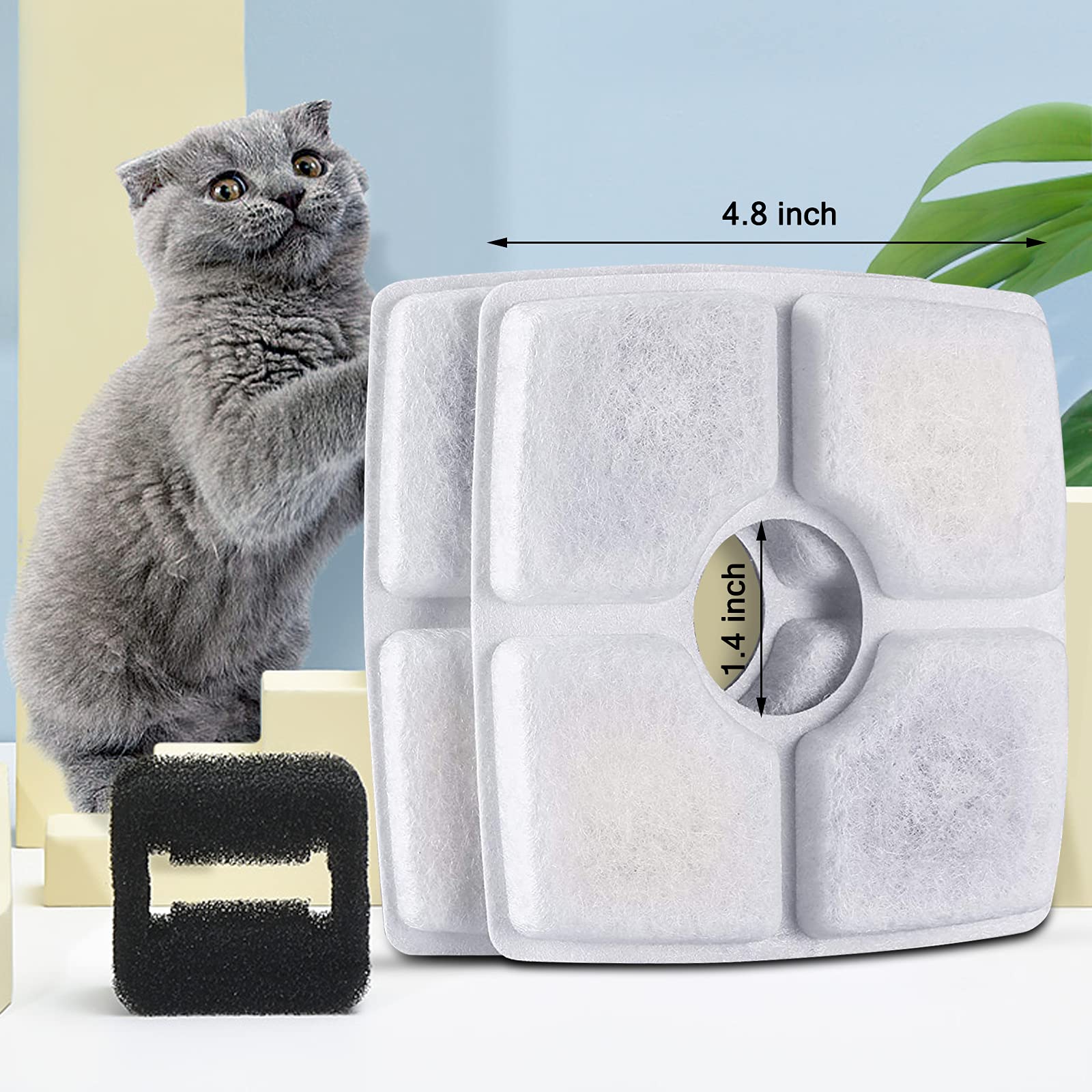 Cat Water Fountain Filters,10 Pack Replacement Filter Fit For Top Square 84Oz/2.5L Cat Pet Fountain, 3 Filtration System With 5 Pre-Filter Sponges