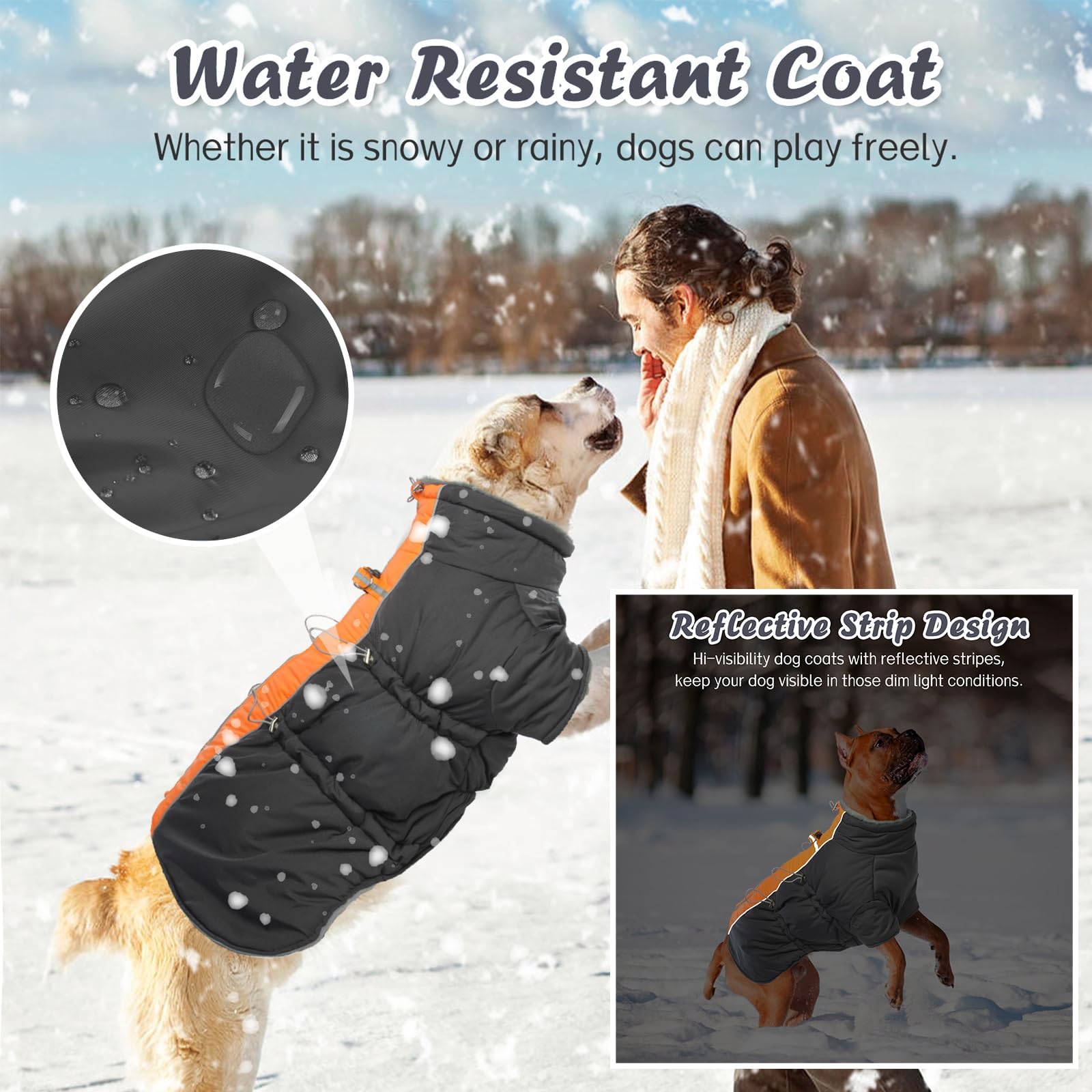 Ikipuko Dog Jacket - Winter Waterproof Dog Coat With Fleece Lining, Reflective Stripe, Zip Up Harness, High Collar Snowsuit (Gre