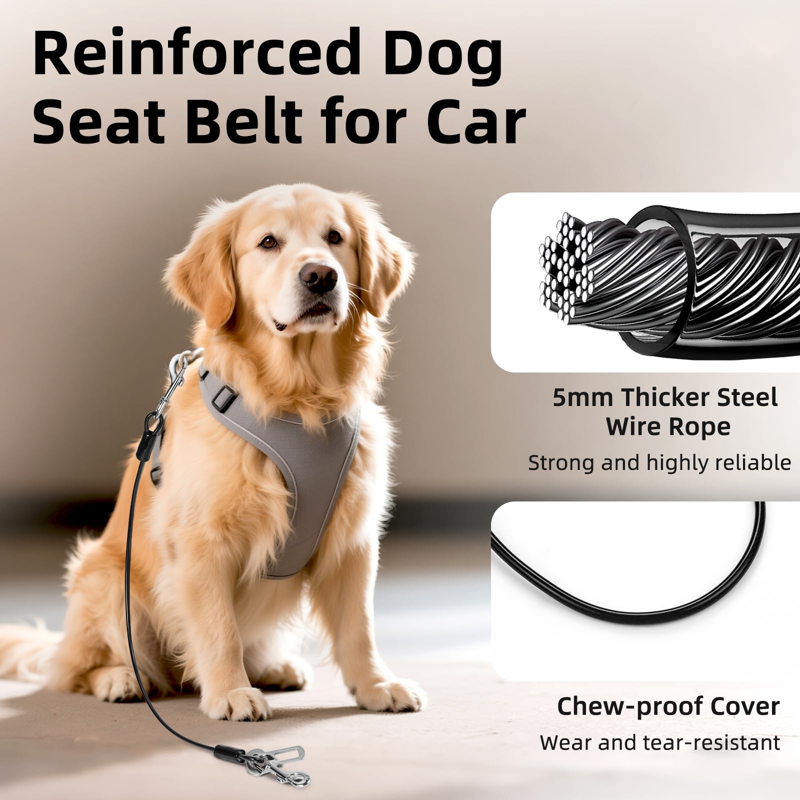 VavoPaw Dog Seat Belt for Car, 16 Chew-Proof Coated Wire Dog Car Leash Seat Belt, Dog Leash with Buckles and Latch, Safety Harne