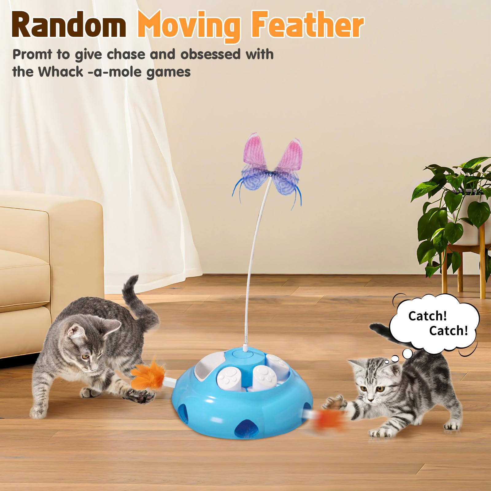 Crazydeer Interactive Cat Toys For Indoor Cats, 4In1 Pet Teaser Toy With Ambush Feather Wand, Motorized Fluttering Butterfly And