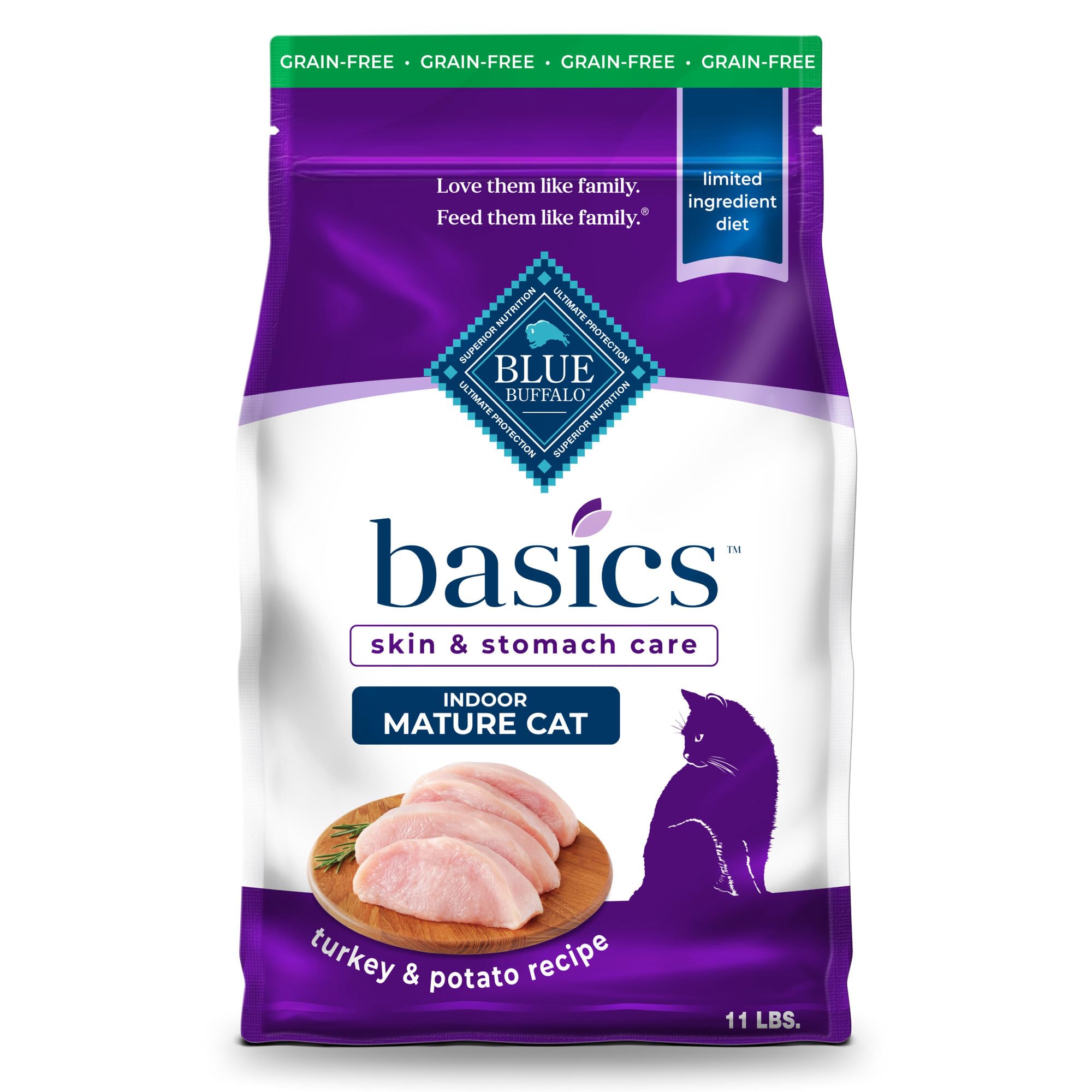 Blue Buffalo Basics Grain-Free Dry Cat Food, Skin & Stomach Care, Limited Ingredient Diet for Mature Indoor Cats, Turkey & Potat