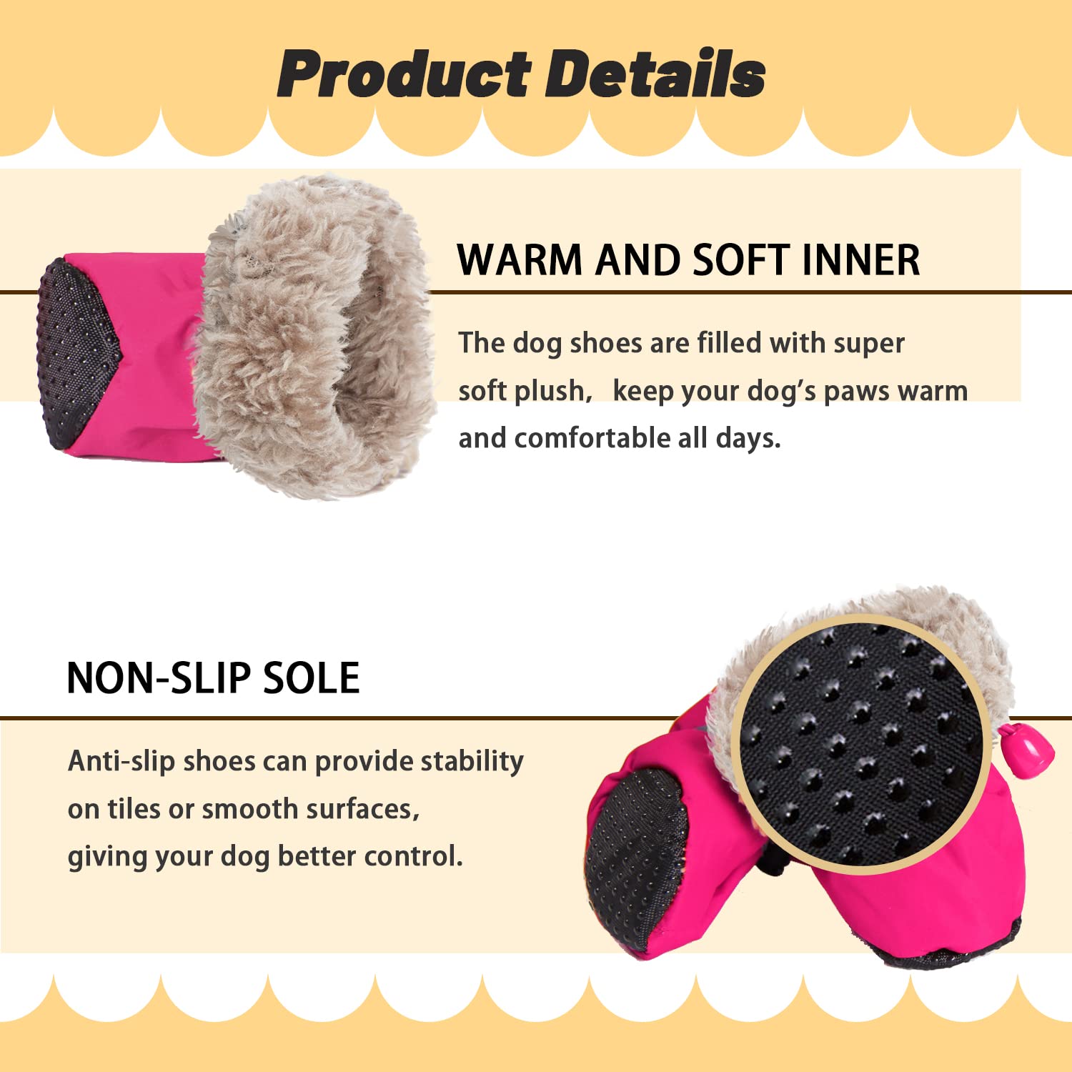 LUZGAT Dog Snow Boots for Small Medium Dogs, Anti-Slip, Plush, Size 3, Pink, Pack of 4
