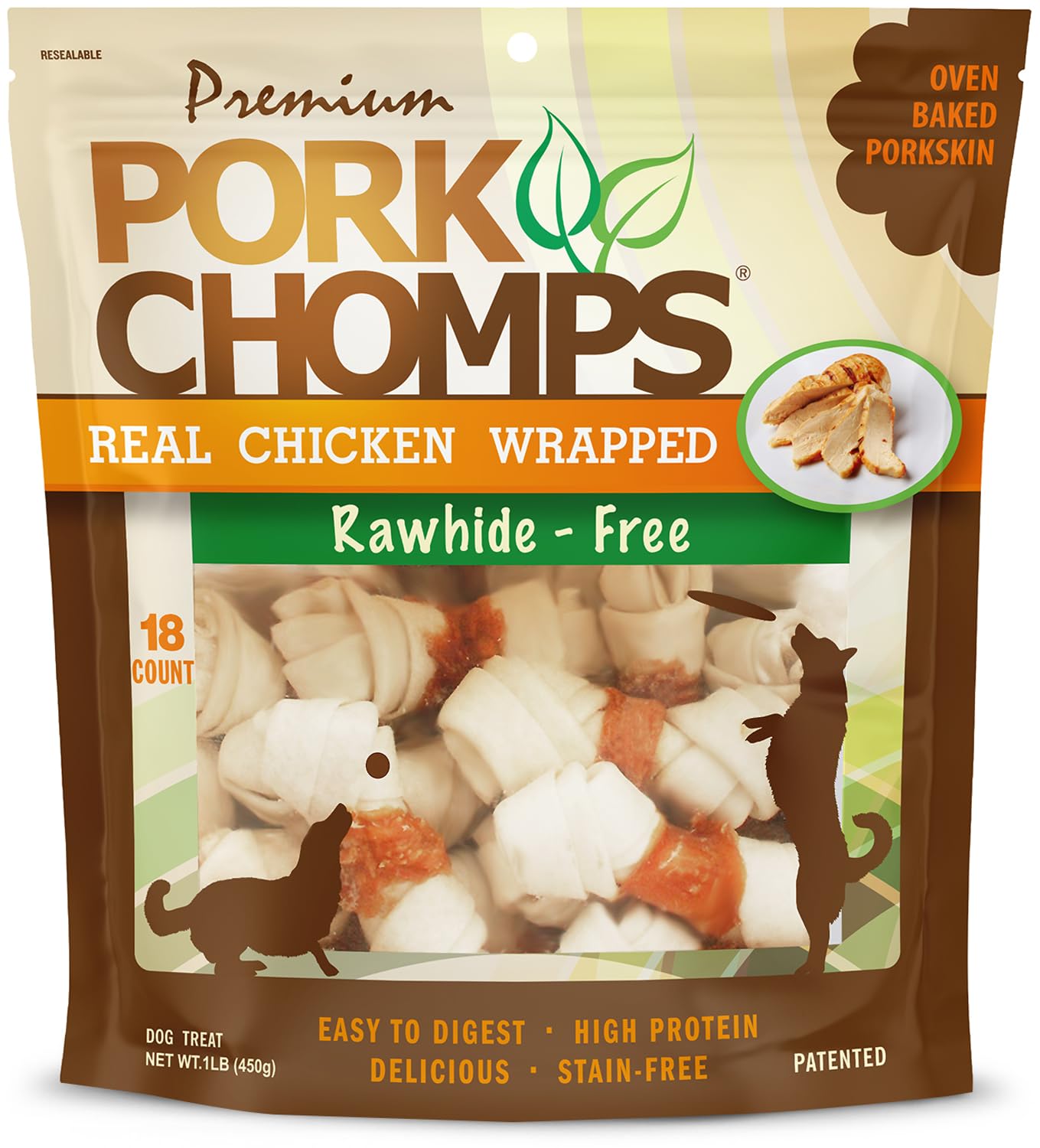 Pork Chomps Baked Pork Skin Dog Chews, 3-inch Knots, 18 Count