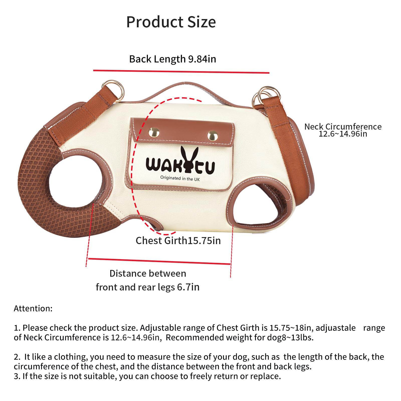 Wakytu Dog Lift Harness Dog Carrier VES Harness Adjustable Leash with Small Puppy Treat Bag,Fits Most Cars,M