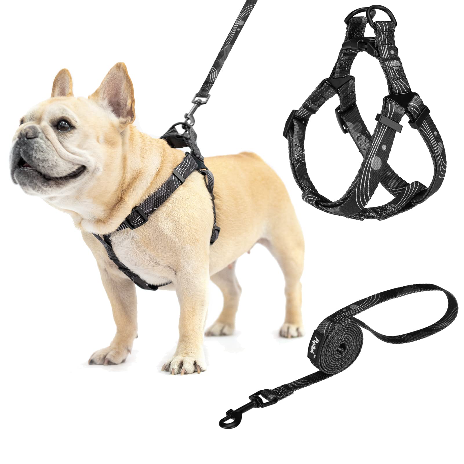 Pupteck No Pull Dog Harness Soft Adjustable Basic Nylon Step In Puppy Vest Outdoor Walking With Leash Printed Black