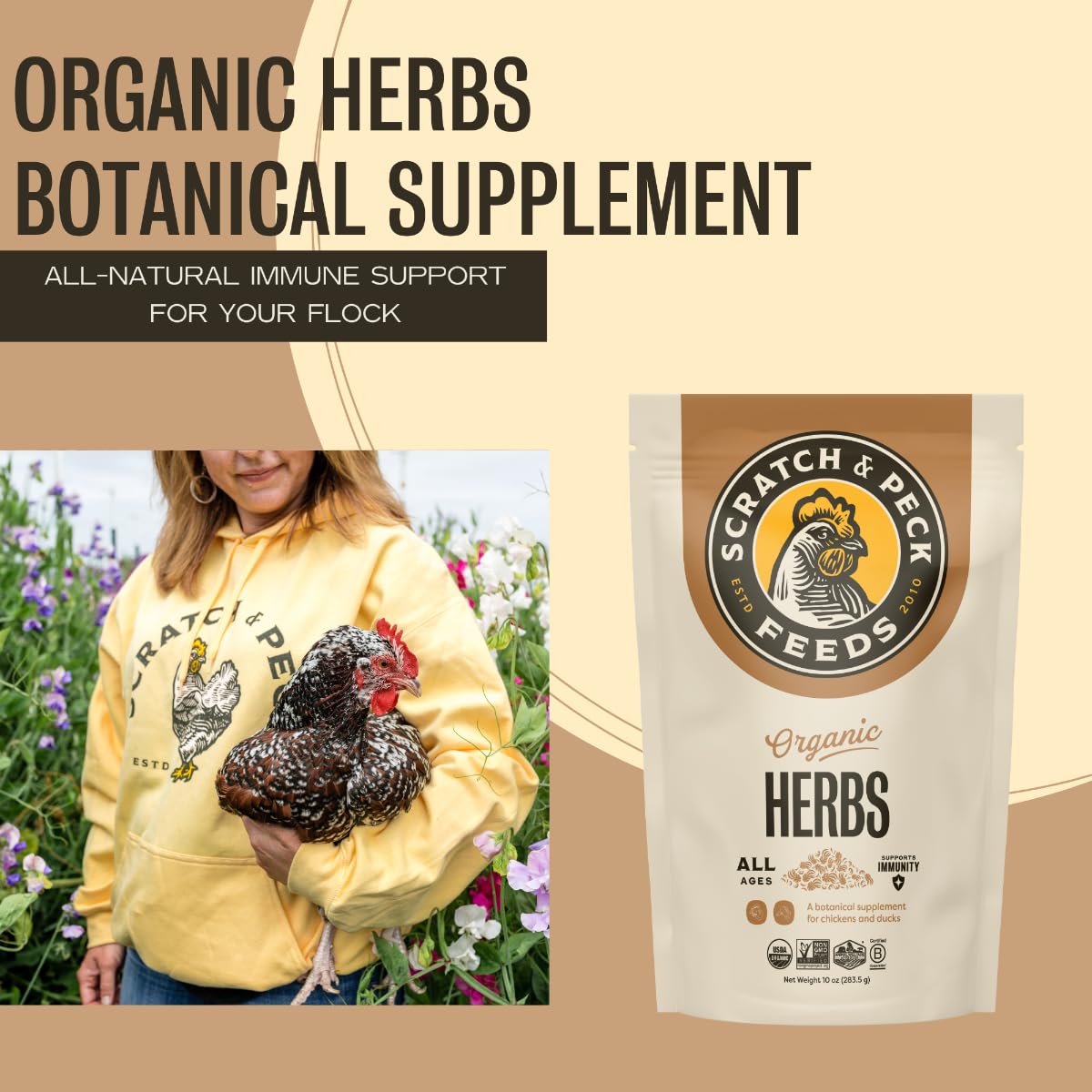 Scratch and Peck Feeds Cluckin Good Organic Herbs - 10 Ounce - Supplemental Bird Treats for Chickens and Ducks - Certified Orga