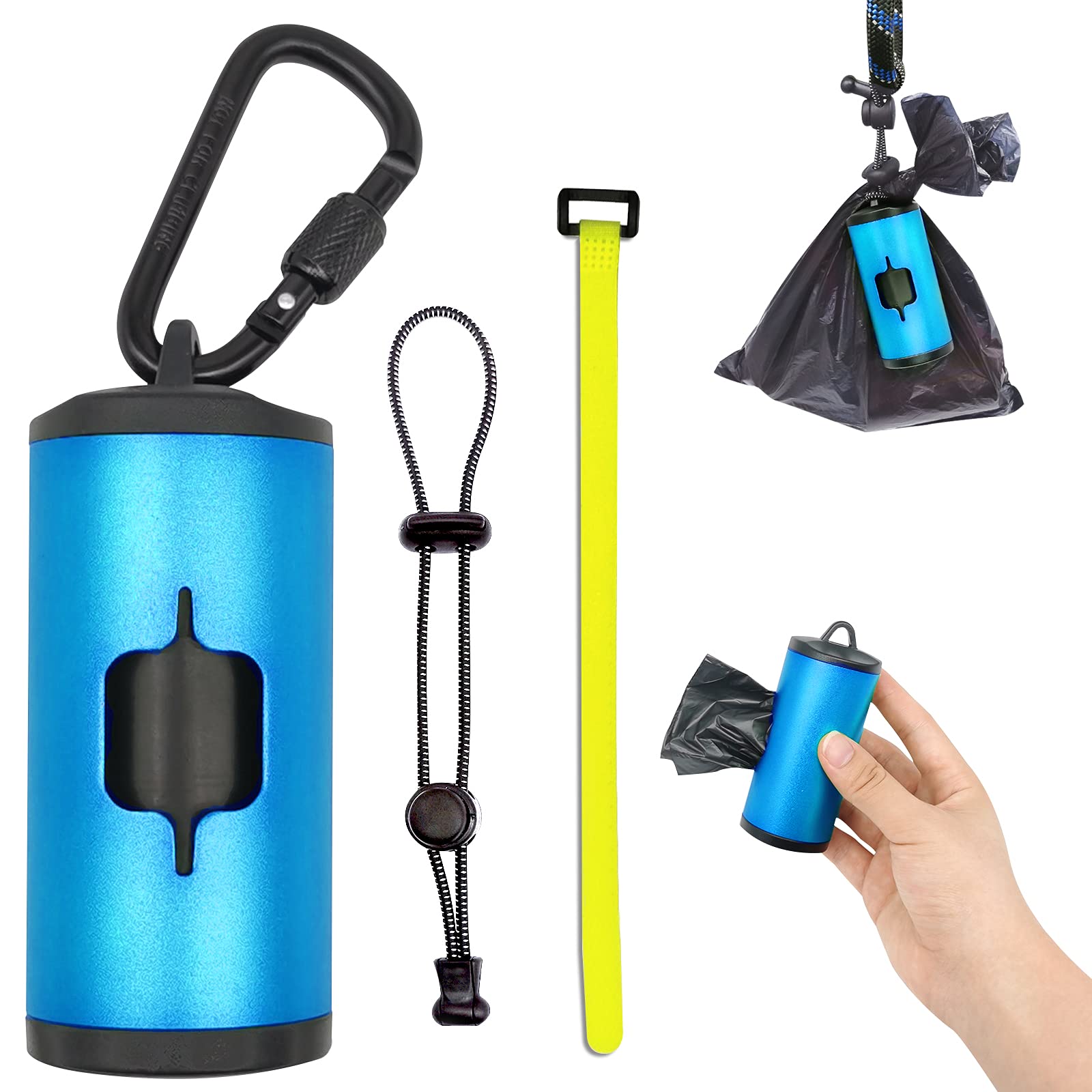 Shaouman Metal Dog Poop Bags Holder Aluminum Poo Bags Dispenser With 15 Black Unscented Pet Waste Bags And 3 Leash Accessories For Dog Walking(1 Holder 15 Bags,Blue)