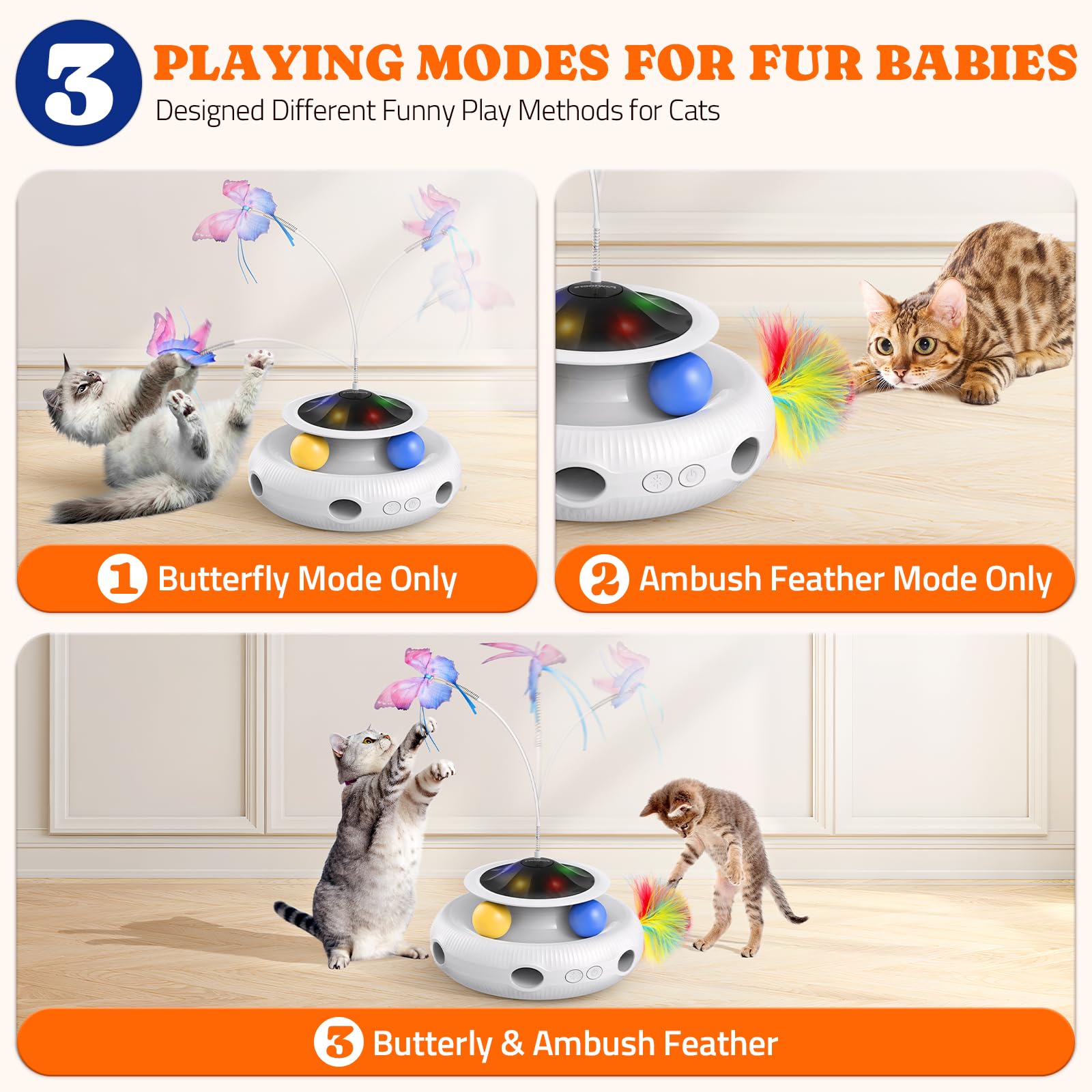 Interactive Cat Toys: 3 In 1 Automatic Cat Toy For Indoor Cats, Electric Kitten Toy With Usb Rechargeable, Self Play Kitty Toys