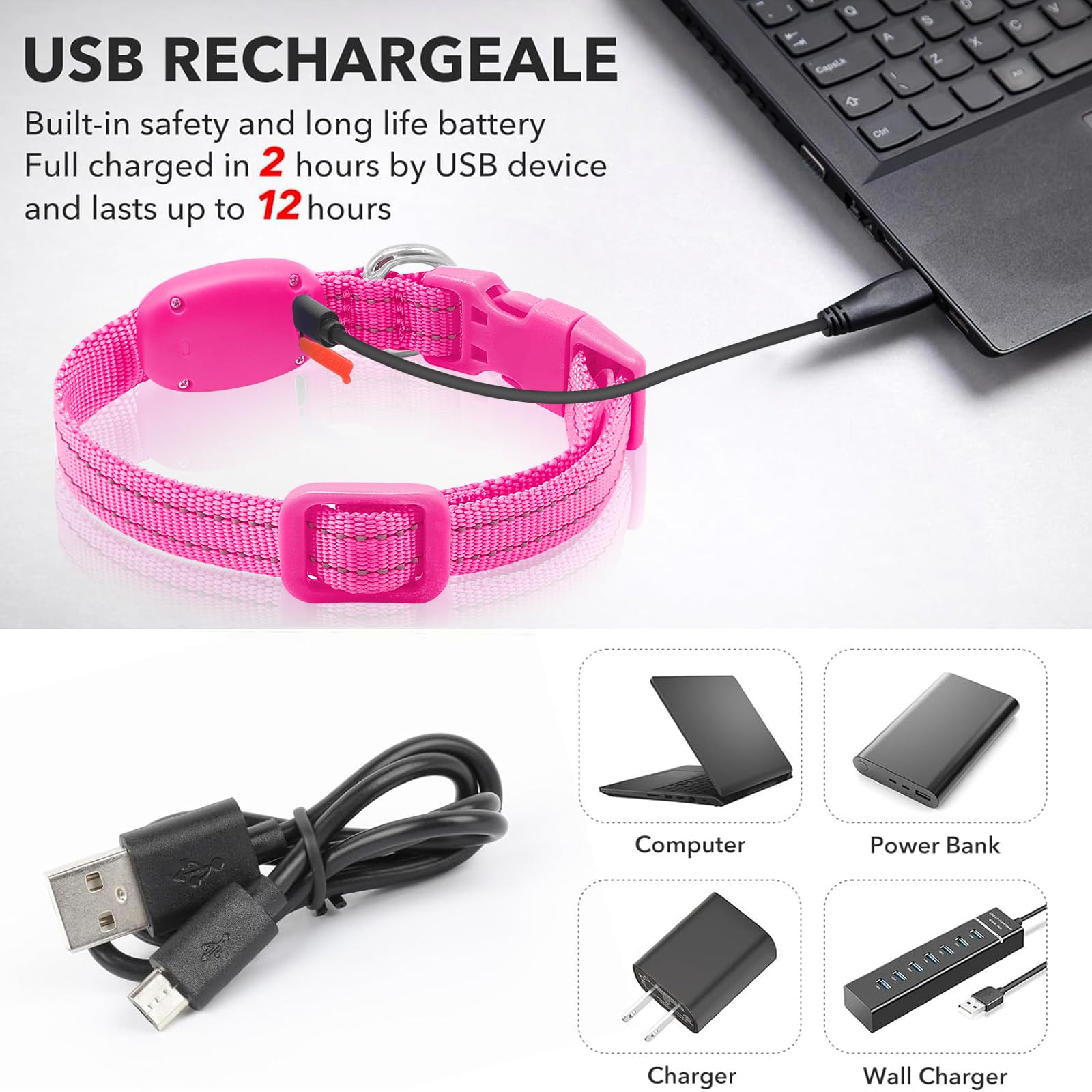 Illumifun LED Dog Collar USB Rechargeable Light Up Dog Collar, Adjustable Safety Collar Light for Small Dogs Cats Glow in The Da