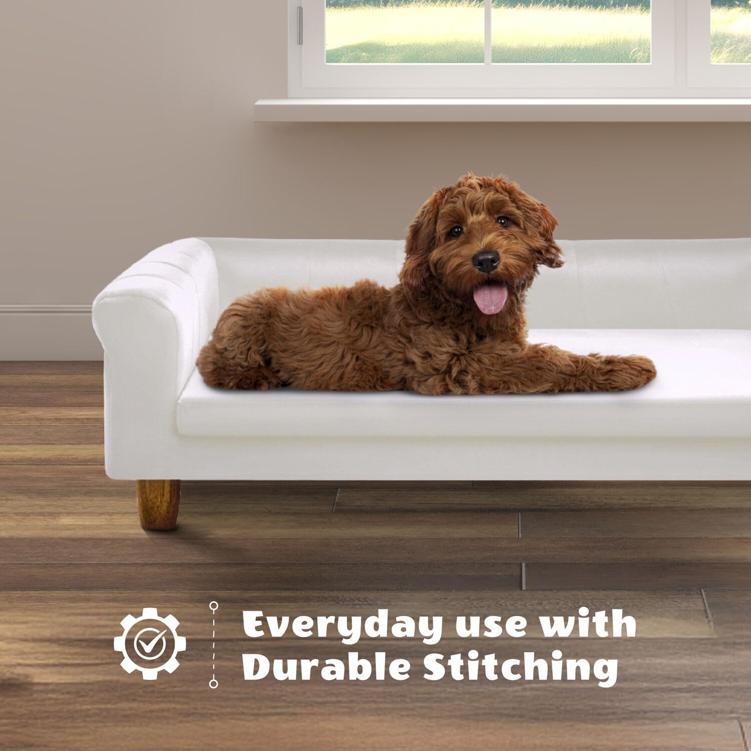 Critter Sitters 42-In. Elegant Cream Faux-Velvet Rectangular Dog Sofa For Medium And Large Dogs, Durable Elevated Dog Sofa Bed,