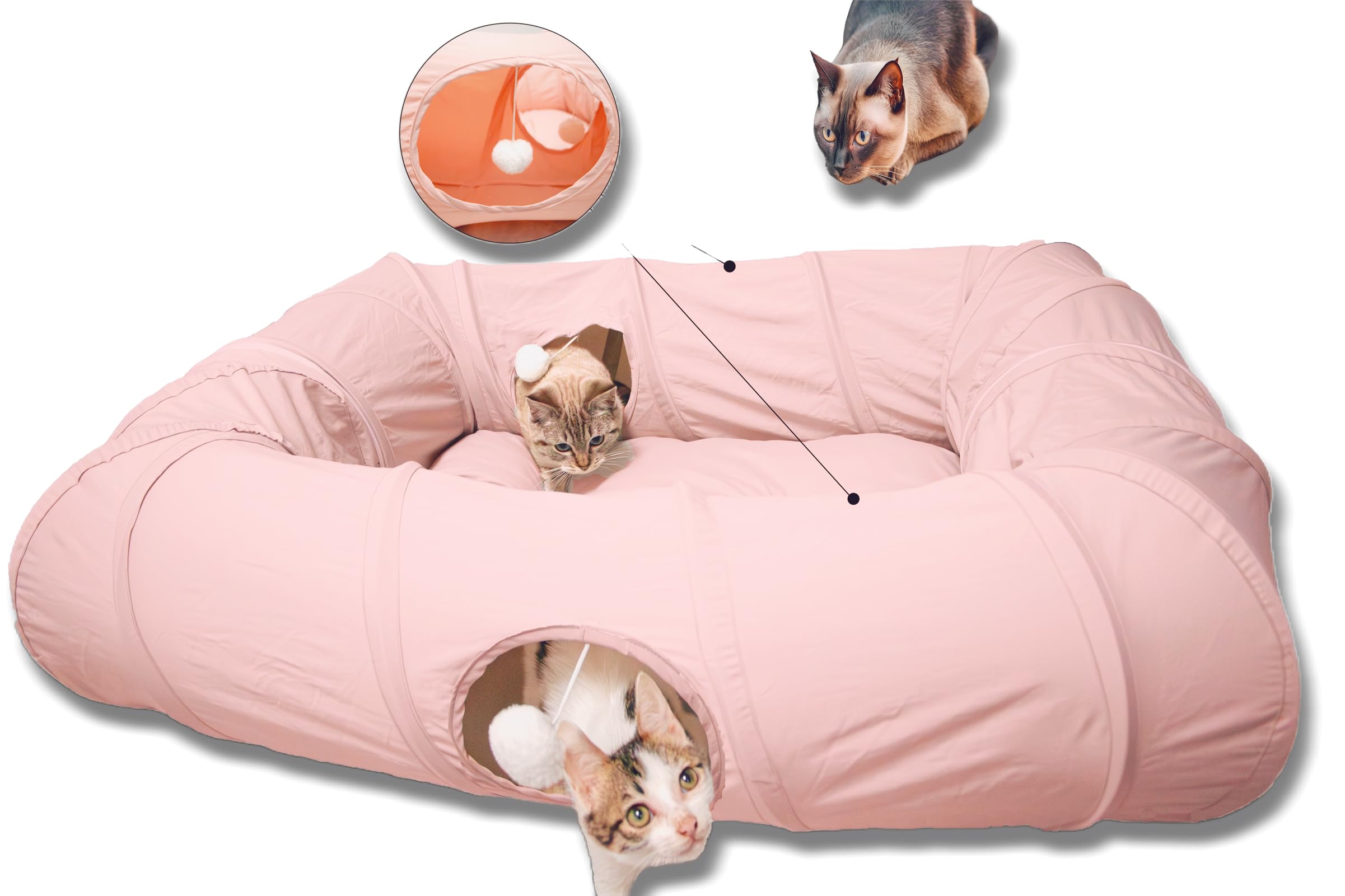 Xxingsheep 4 Ways Shuttled Xl Cat Tunnel Bed For Indoor Cats Peekaboo Cat Cave Donut With Cool Mat (Pink)