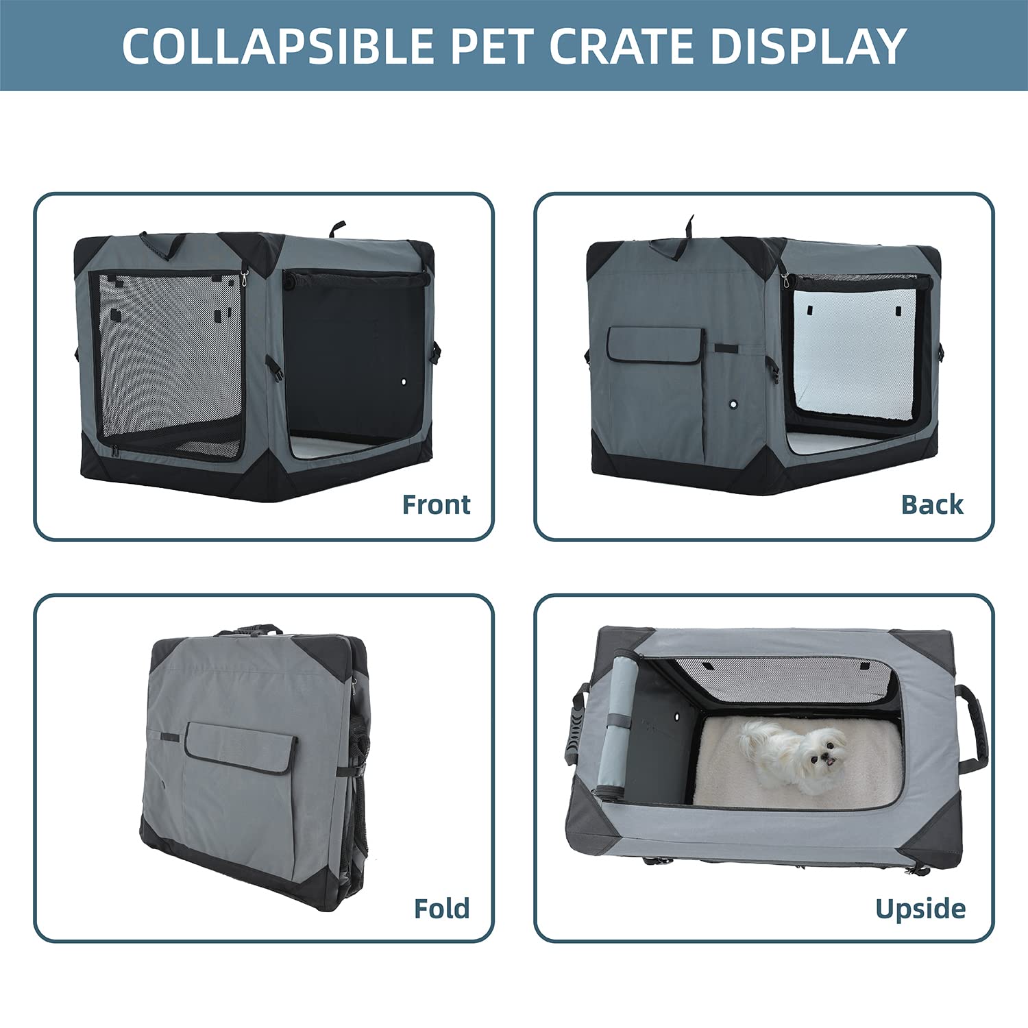 Pettycare 36 Inch Collapsible Crate For Large Dogs, 4-Door Foldable Soft Kennel With Chew Proof Mesh Windows For Indoor & Outdoor Travel