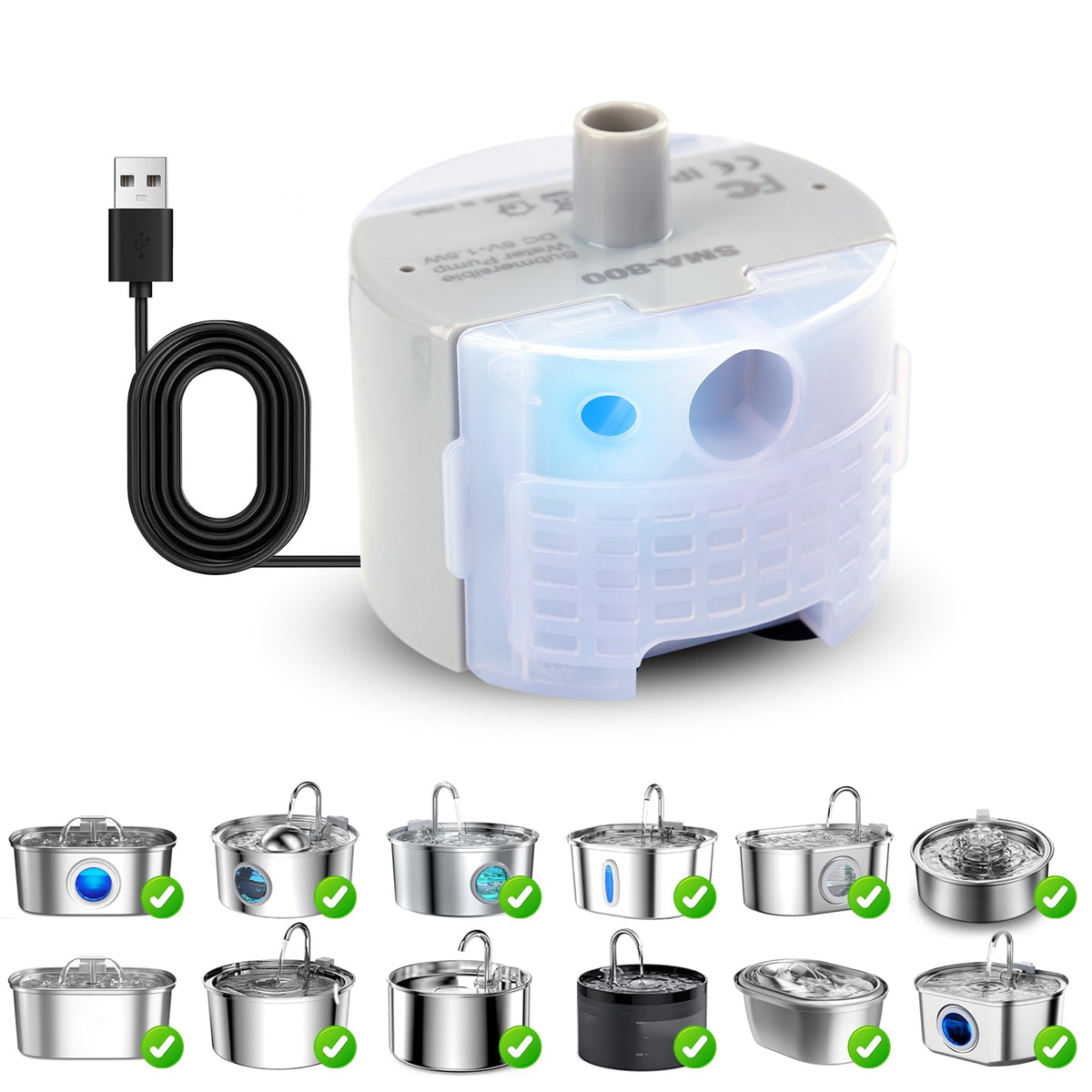 Cat Water Fountain Pump, Pet Water Fountain Replacement Pump Sma-800 Submersible Motor For Stainless Steel Indoor Cat Fountain P