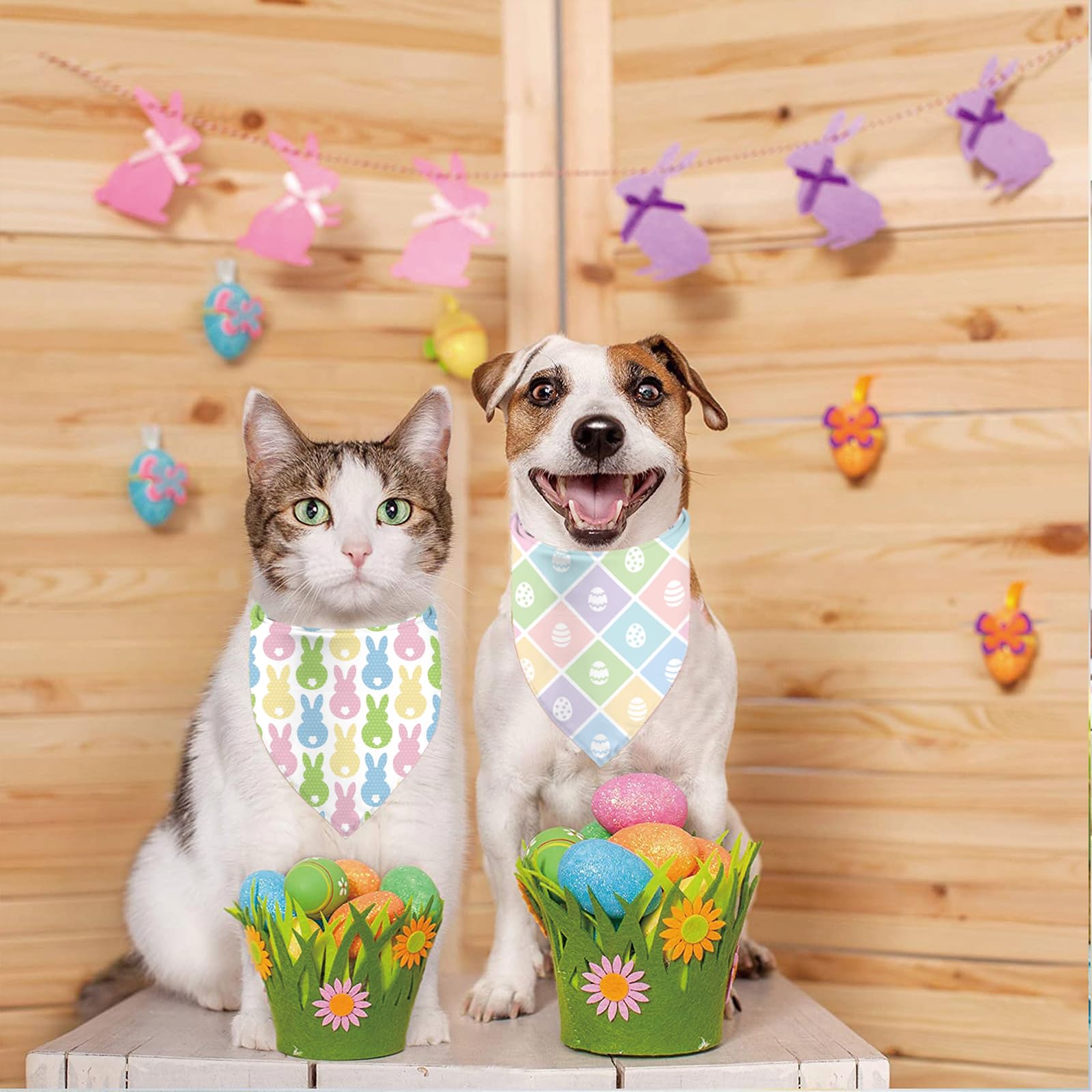 Easter Dog Bandanas Puppy Scarf - Easter Eggs Pees Bunny Dog Outfits - 2 Pcs Adjustable Triangle Double-Layer Reversible Pet Ban