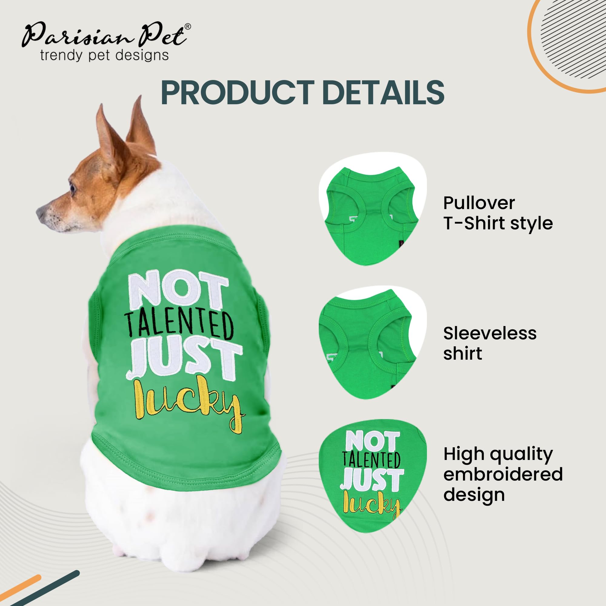Parisian Pet Dog Tshirt - Embroidered  Not Talented Just Lucky  Dog Clothes - 100% Cotton Pet Vest - Sleeveless Green Tee Shirts