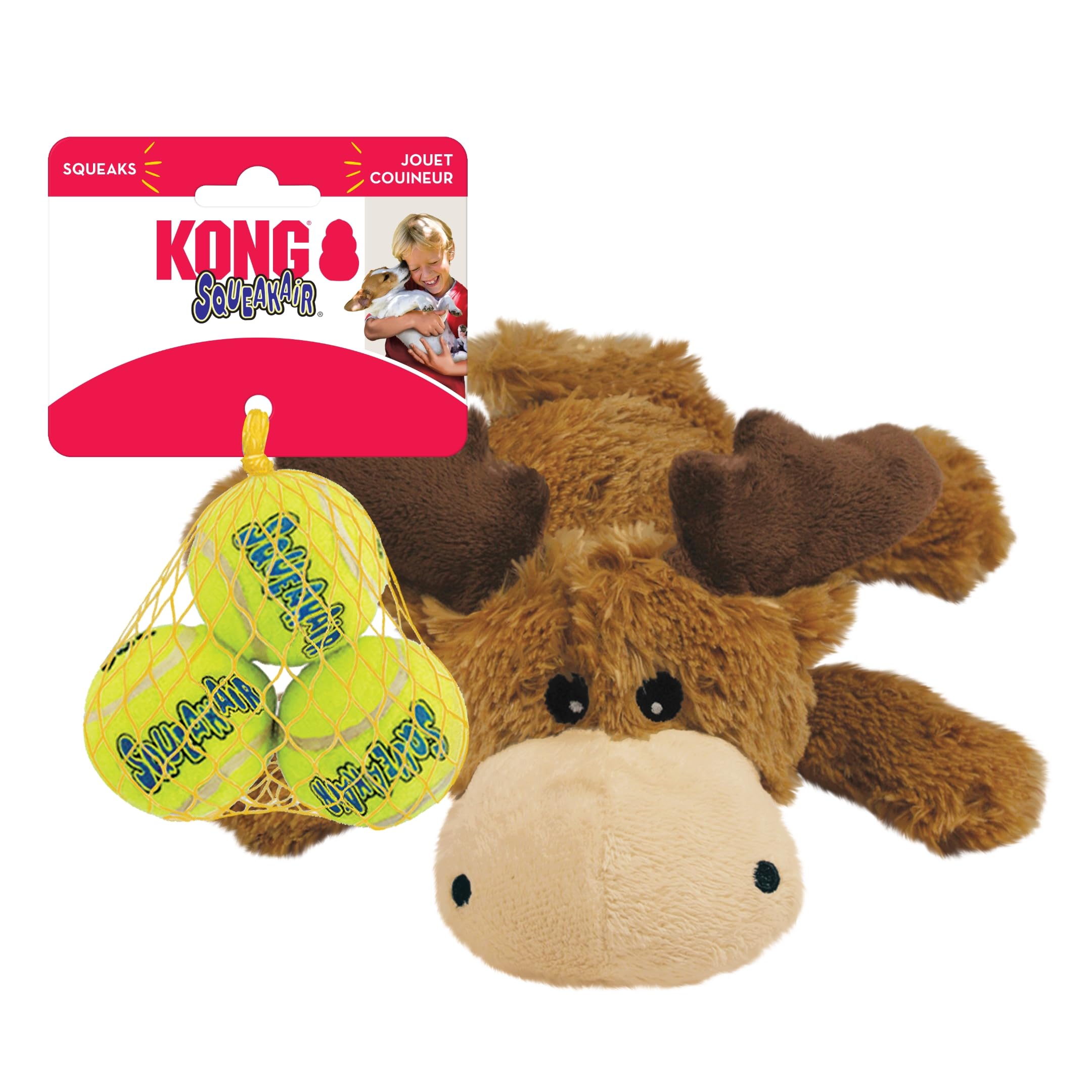 Kong Cozie Marvin Moose & Squeakair Balls (3 Pack) - Dog Fetch & Chew Toys For Fun - Soft Toy Moose For Indoor Play - Durable Do