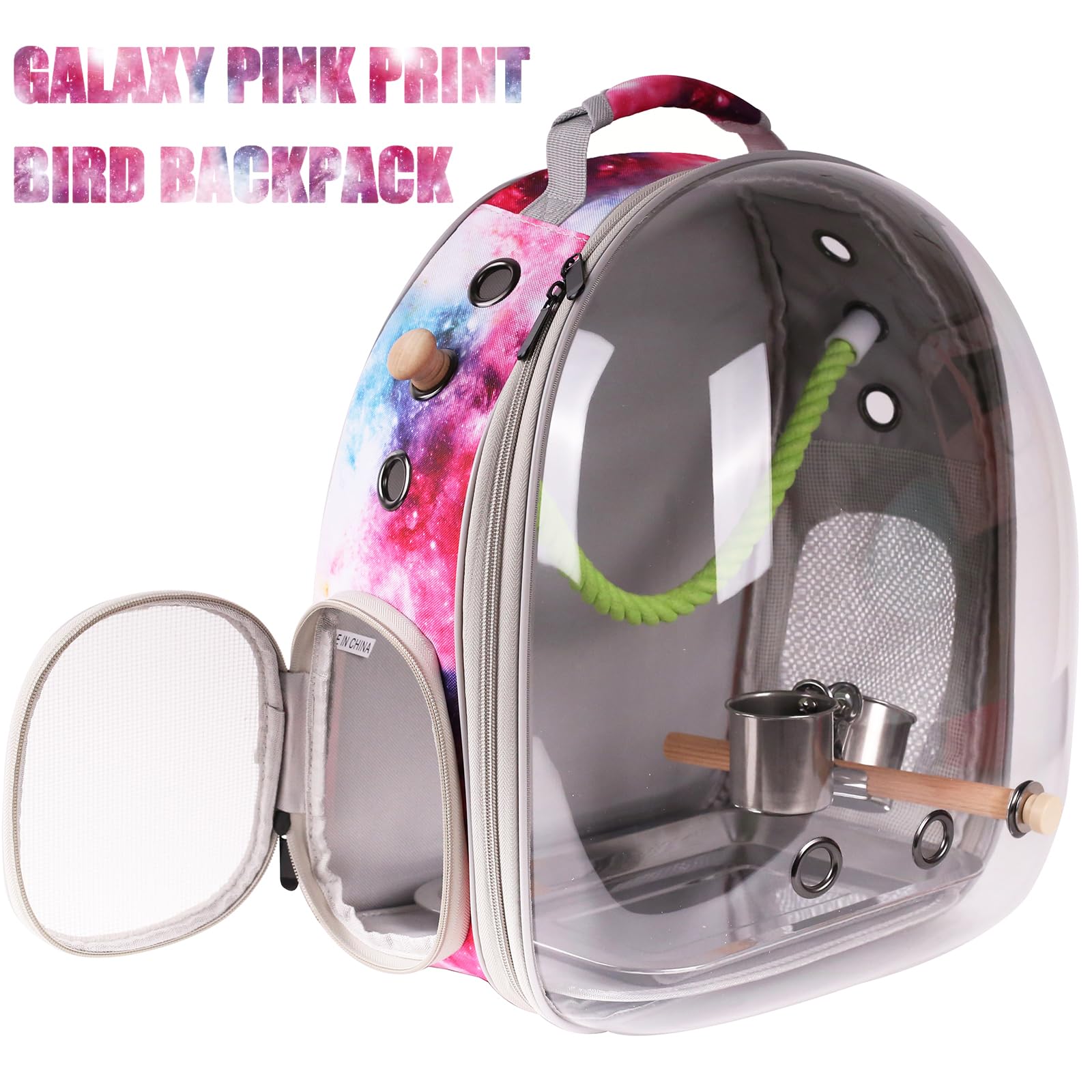 Pimoka Galaxy Pink Bird Backpack Carrier With Perch - Bubble Backpack For Birds Conures, Budgies And Small Parrots Ideal For Vet