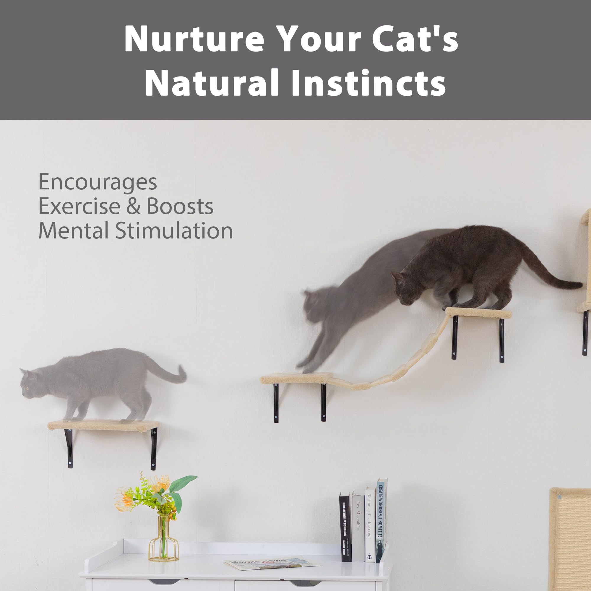 COZIWOW Cat Wall Shelves and Mounted Perches, Climber Set with 5pcs Including Cat Scratching Post, Hanging Bed, House, Steps, Tr