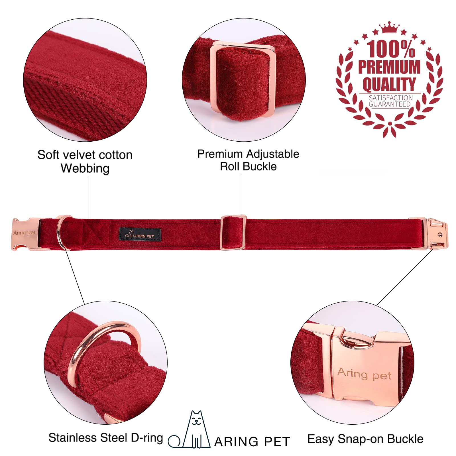 Aring Pet Velvet Dog Collar Set, Cute Velvet Dog Collar And Leash Set, Soft & Comfy, Adjustable Christmas Red Collars With Metal