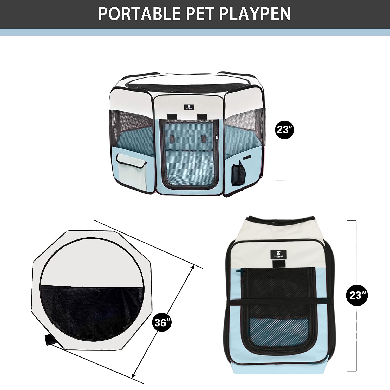 X-Zone Pet Portable Foldable Pet Dog Cat Playpen Crates Kennel/Premium 600D Oxford Cloth,Removable Zipper Top, Indoor And Outdoor Use