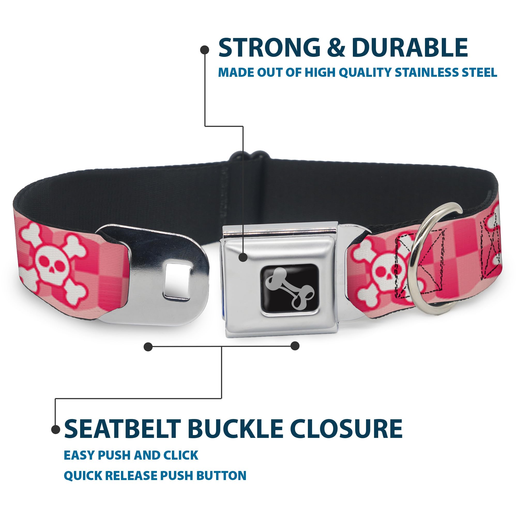 Buckle-Down Seatbelt Buckle Dog Collar - Cute Skulls W/Checkers Pinks/White - 1 Wide - Fits 9-15 Neck - Small