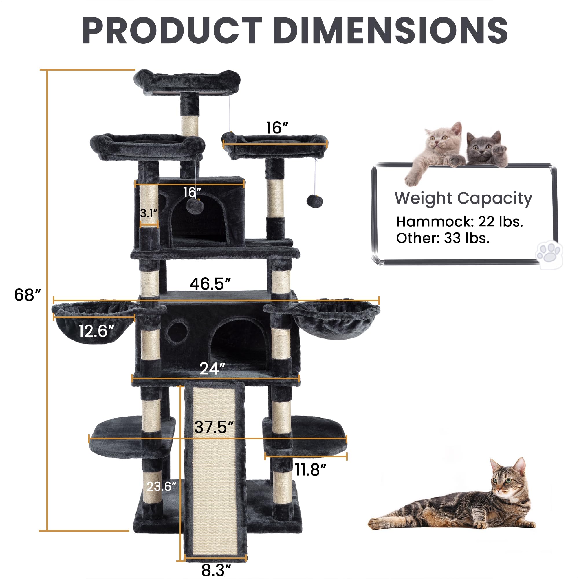 Sha Cerlin 68 Inches Multi-Level Large Cat Tree For Large Cats/Big Cat Tower With Cat Condo/Cozy Plush Cat Perches/Sisal Scratching Posts And Hammocks/Cat Activity Center, Dark Grey