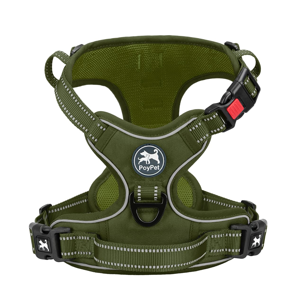 Poypet No Pull Dog Harness, No Choke Reflective Dog Vest, Adjustable Pet Harnesses With 2 Leash Attachments With Easy Control Padded Handle For Small Medium Large Dogs(Military Green,Xl)