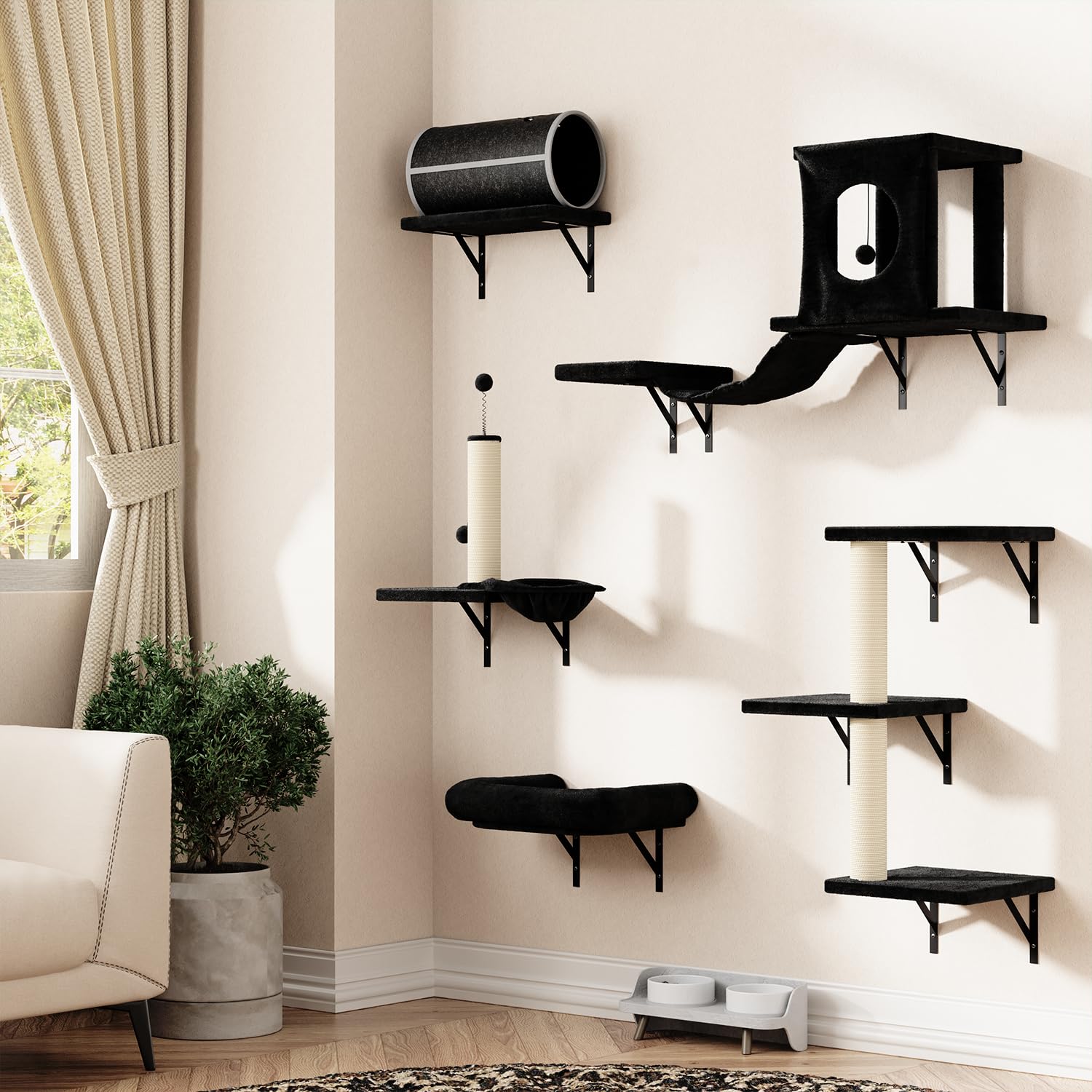NUNU LAB 7-in-1 Wall Mounted Cat Climber Set, Cat Furniture Set, Cat Climber with Cat House, Tunnel, Bridge, Tree, Steps, Scratc