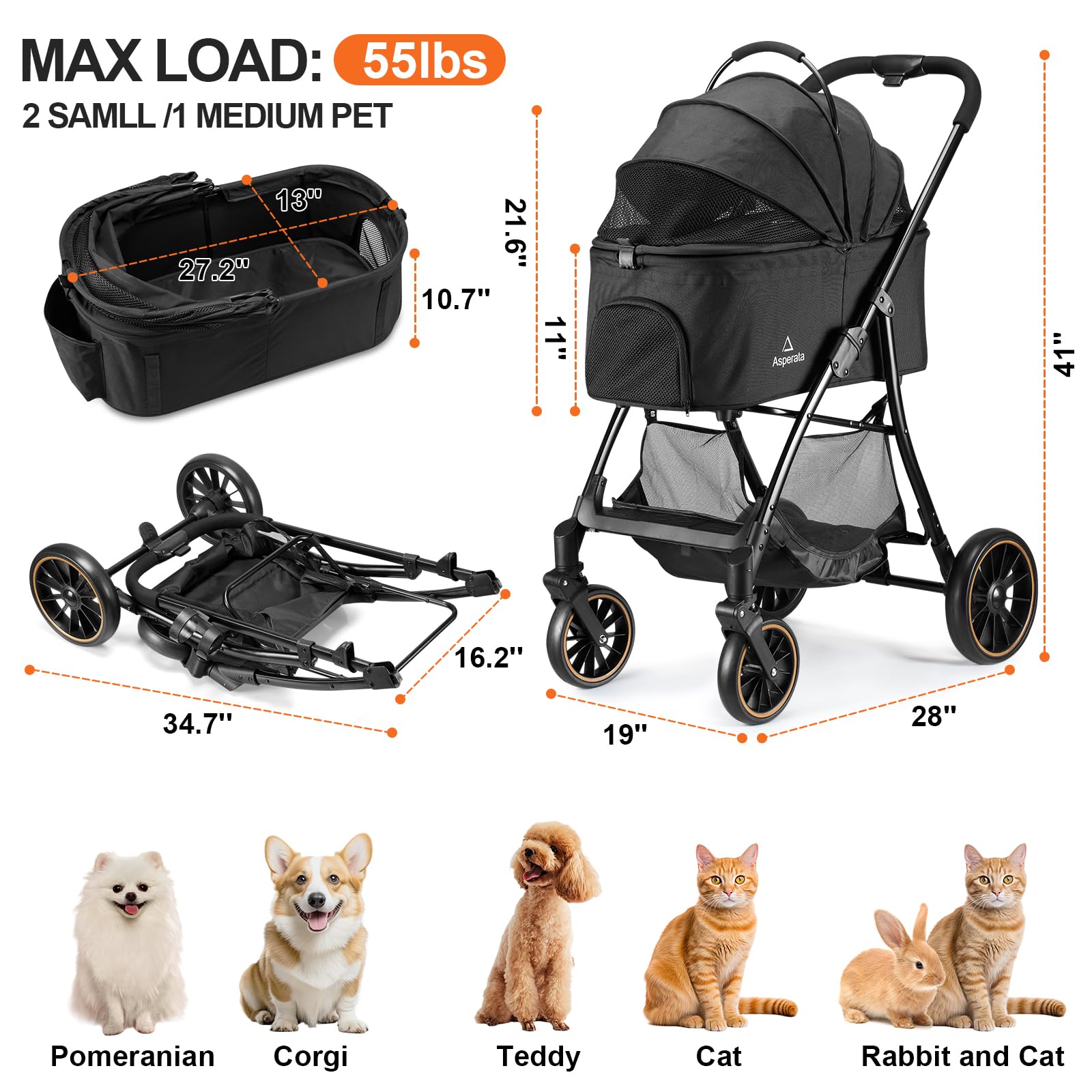 Asperata Pet Stroller for Dogs & Cats up to 55 lbs, Foldable 4-Wheel Carrier, Black, 27.6" × 22.0" × 40.