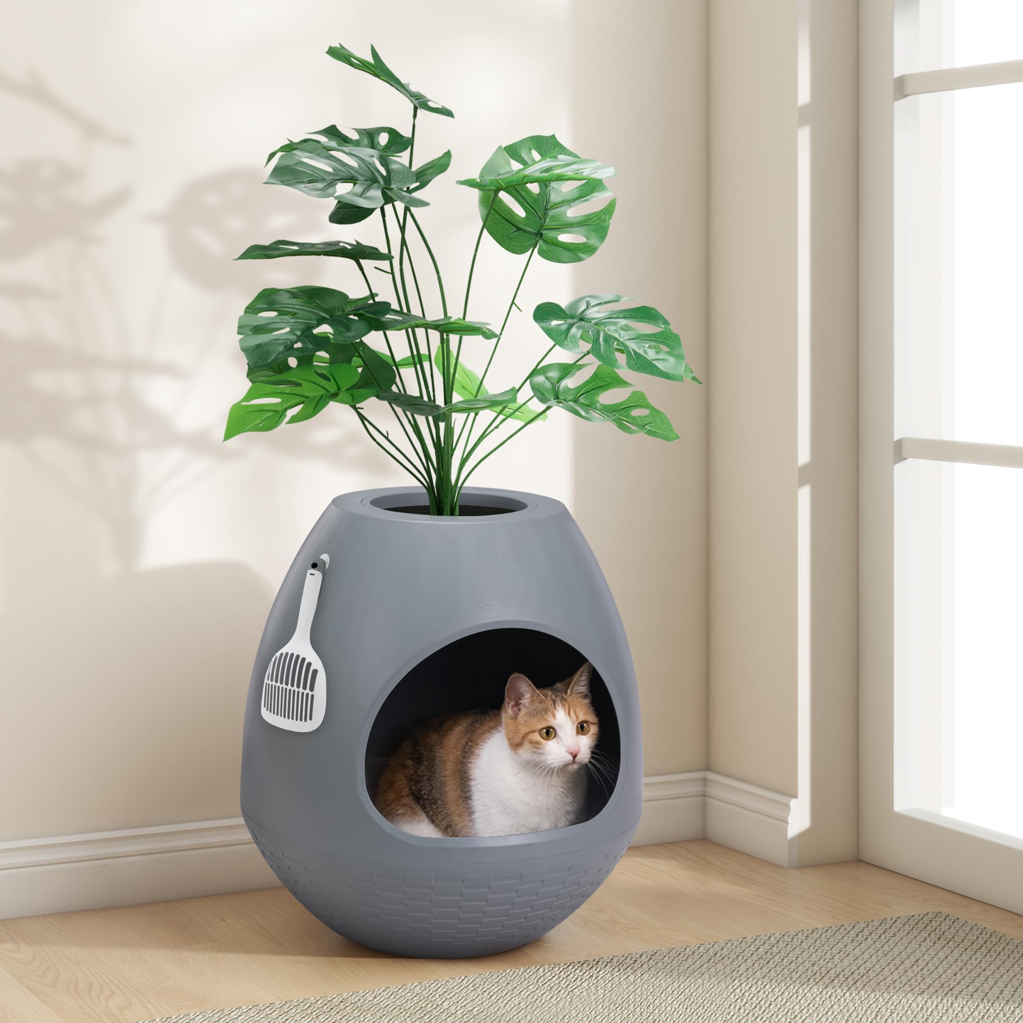 Eggloa6 Hidden Litter Box - Plant Litter Box Enclosure With Artificial Plants, Diy Cat Litter Box Furniture Extra Large (Grey)
