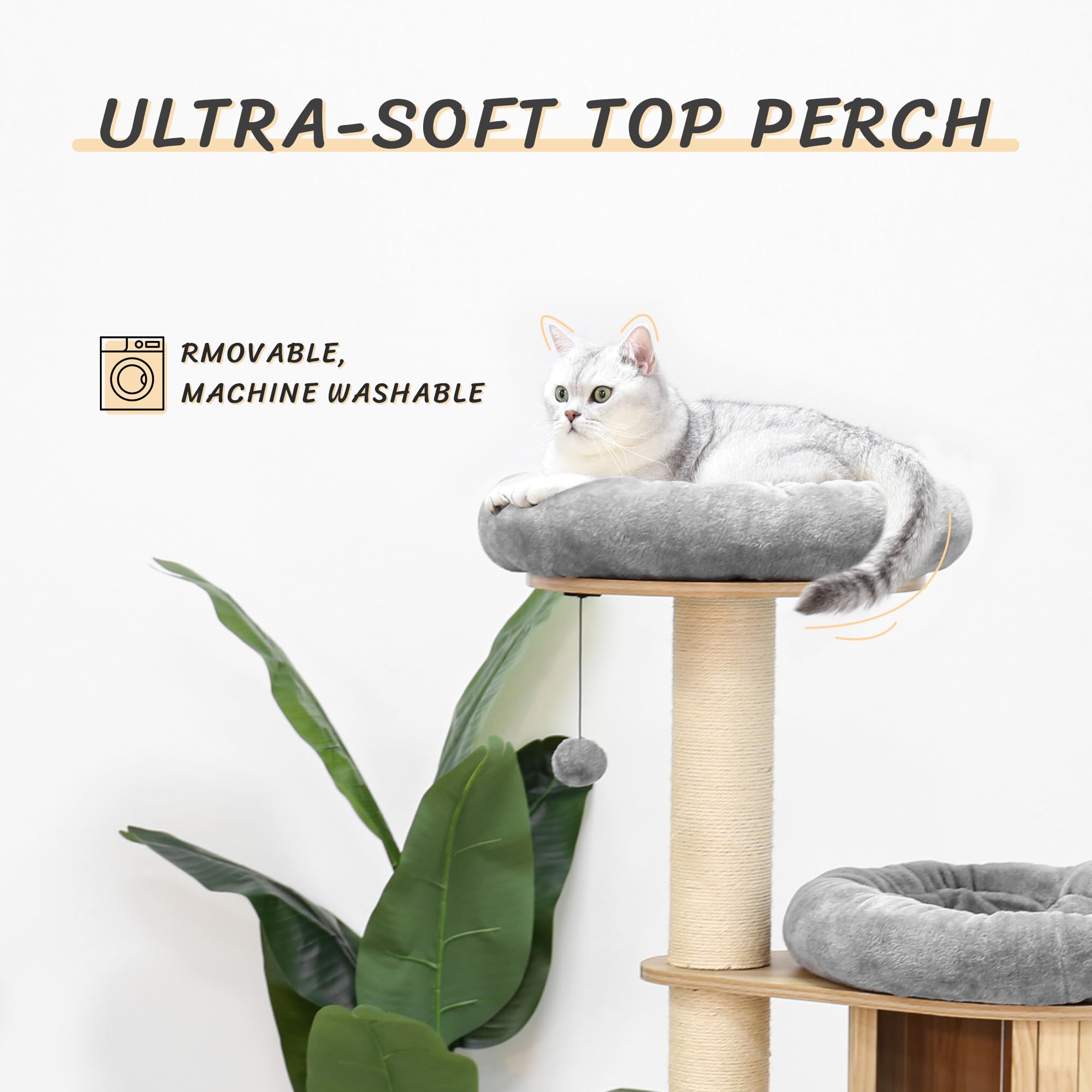 Kamaboko 58.6' Modern Cat Tree, Wood Cat Tree W/ 4.7' Large Dia Sisal Scratching Posts, Heavy-Duty Cat Trees For Large Cats Wi