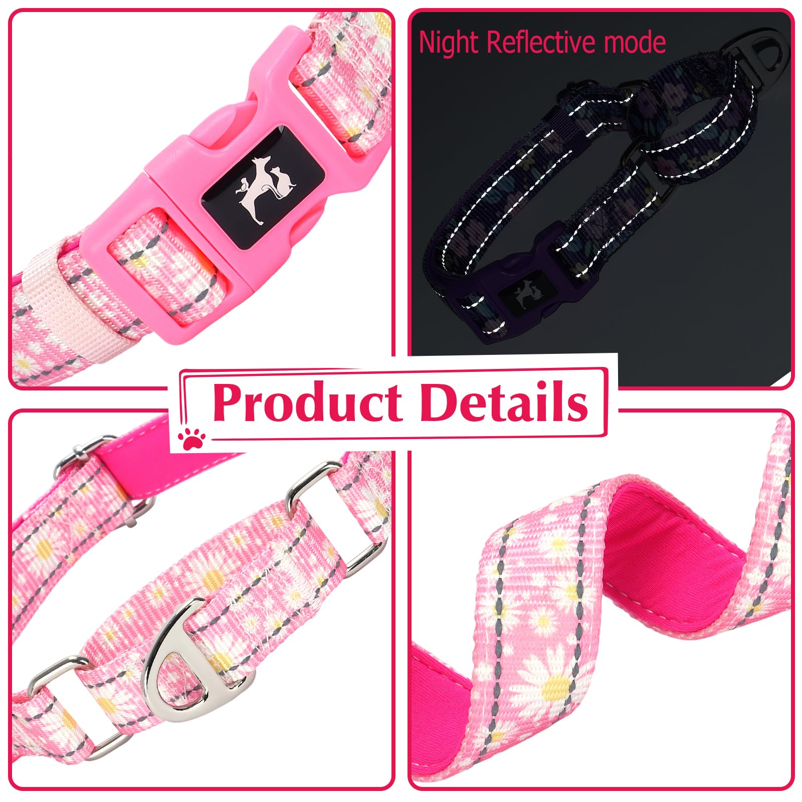 Onefojojo Pink Daisy Martingale Dog Collars For Dogs, Reflective Nylon Dog Collar With Buckle Adjustable Training, Walking, Hunt