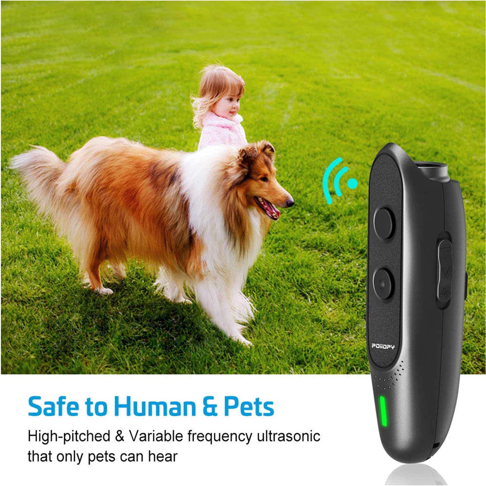 POIIOPY Anti Bark Device - Ultrasonic Rechargeable Dog Trainer, 16.4 Ft Range, Model ABG01-001, 2 in 1 Control Tool