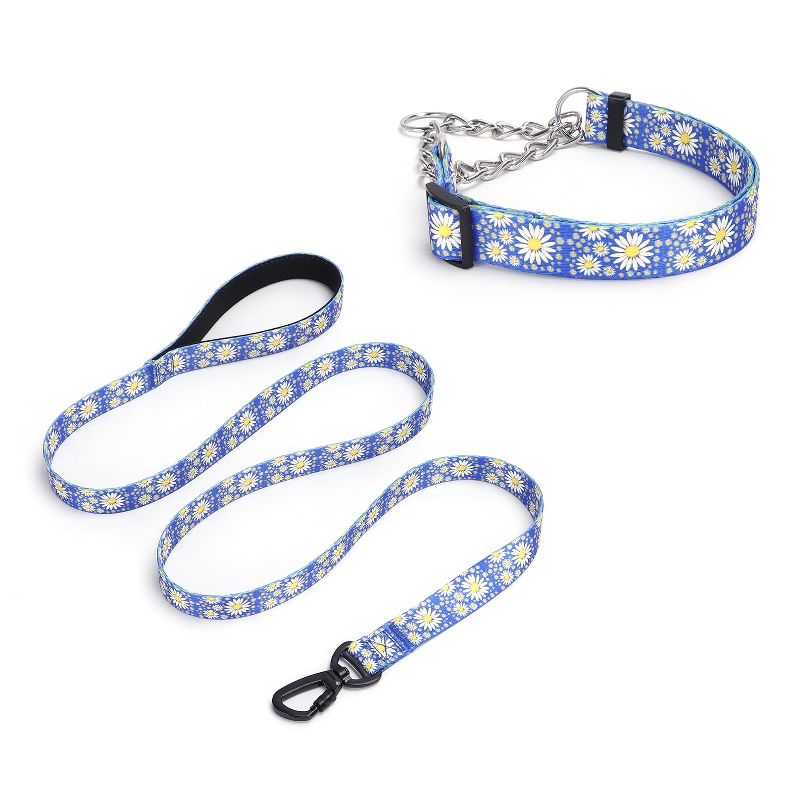 Pimaodog Martingale Dog Collar, 5Ft Dog Leash Padded, Slip Dog Collar And Leash Set With Daisy Floral Design Stainless Steel Cha