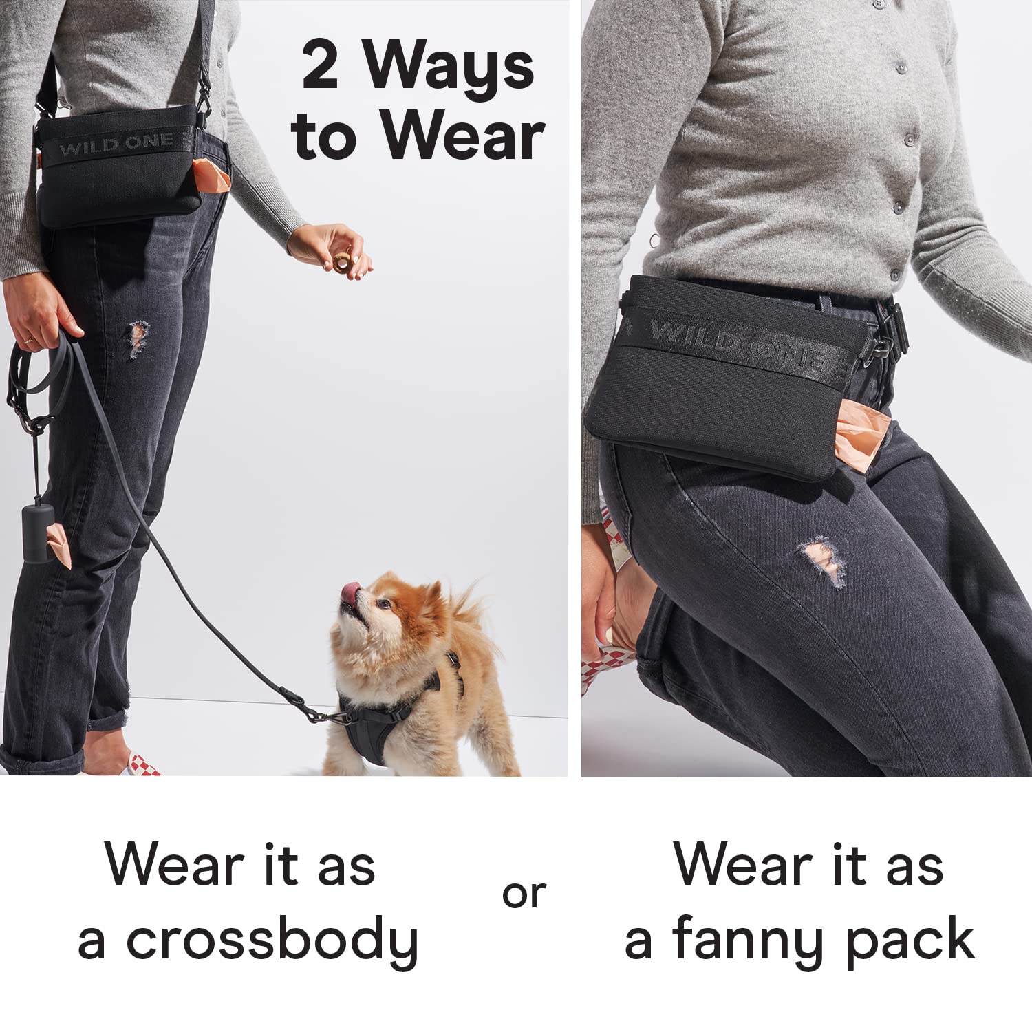 Wild One, Black Treat Pouch, Fanny Pack, Cross-Body Bag, wear Two Ways, Made from Recycled Knit, Poop Bag Dispenser, The Perfect