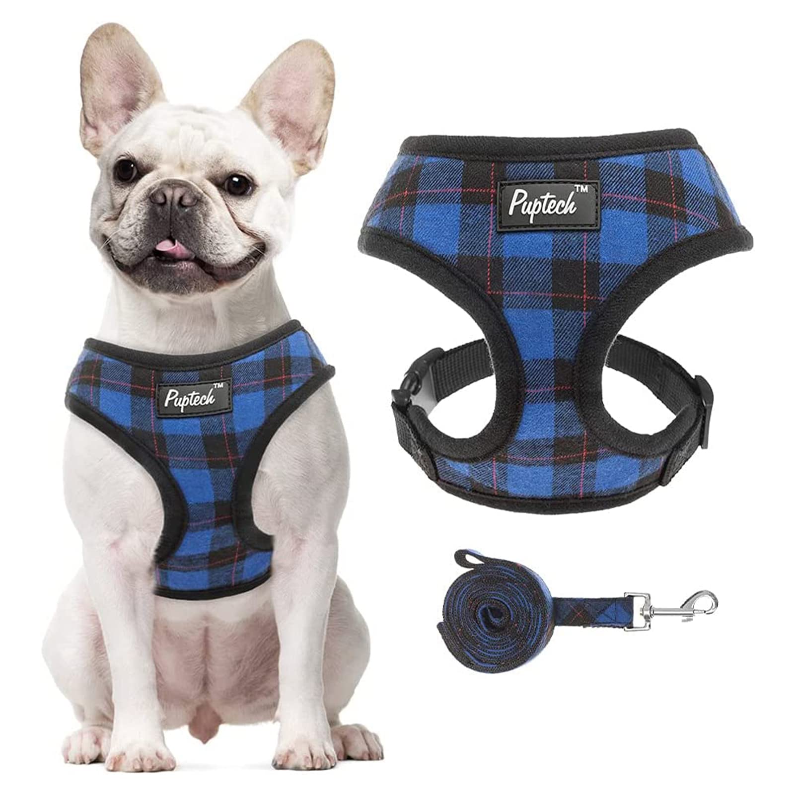 Pupteck Soft Mesh Dog Harness And Leash Set Pet Puppy Cat Comfort Padded Vest No Pull Harnesses, Navy Blue, L