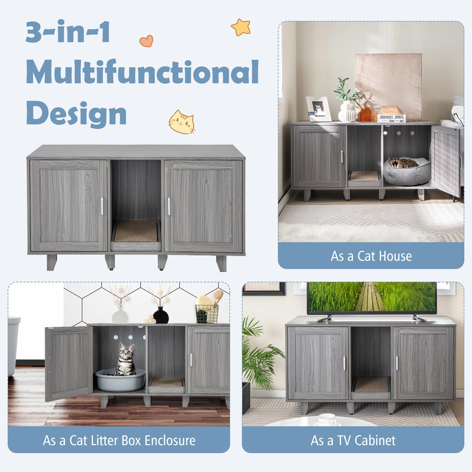 Petsite Litter Box Enclosure For 2 Litter Boxes, Hidden Cat Washroom Tv Stand End Table With 2 Cabinet, Scratching Board, Indoor Cat Litter Furniture (Grey Wash)