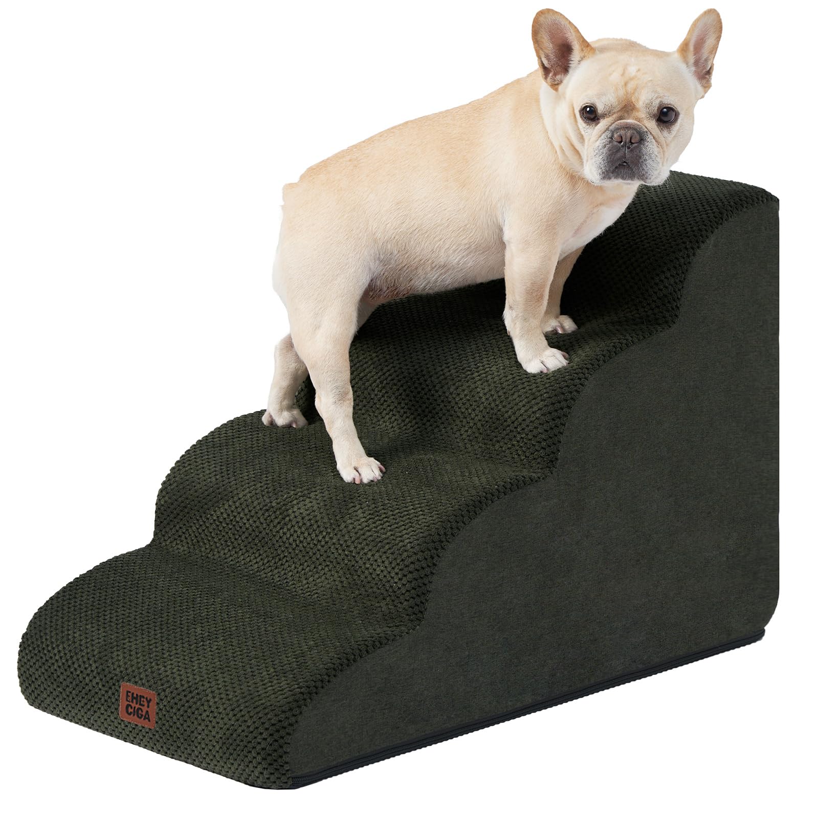 Eheyciga Curved Dog Stairs Ramp For High Beds 19.7' H, 4-Step Dog Steps For Small Dogs And Cats, Pet Stairs For High Bed Climbing, Non-Slip Balanced Pet Step Indoor, Olive Green