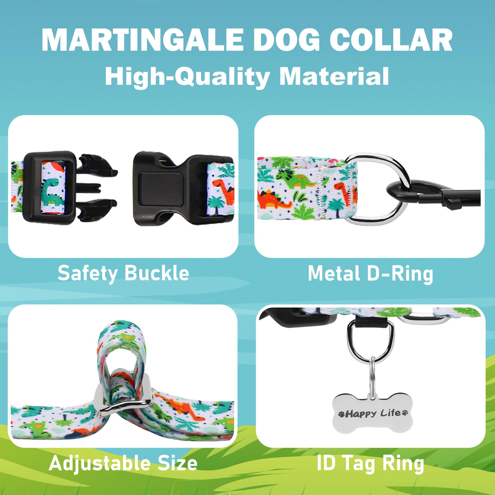 Fidohug Martingale Dog Collars With Buckle No Pull Training Dog Collar For Small Dogs (Green Dinosaur, Small)