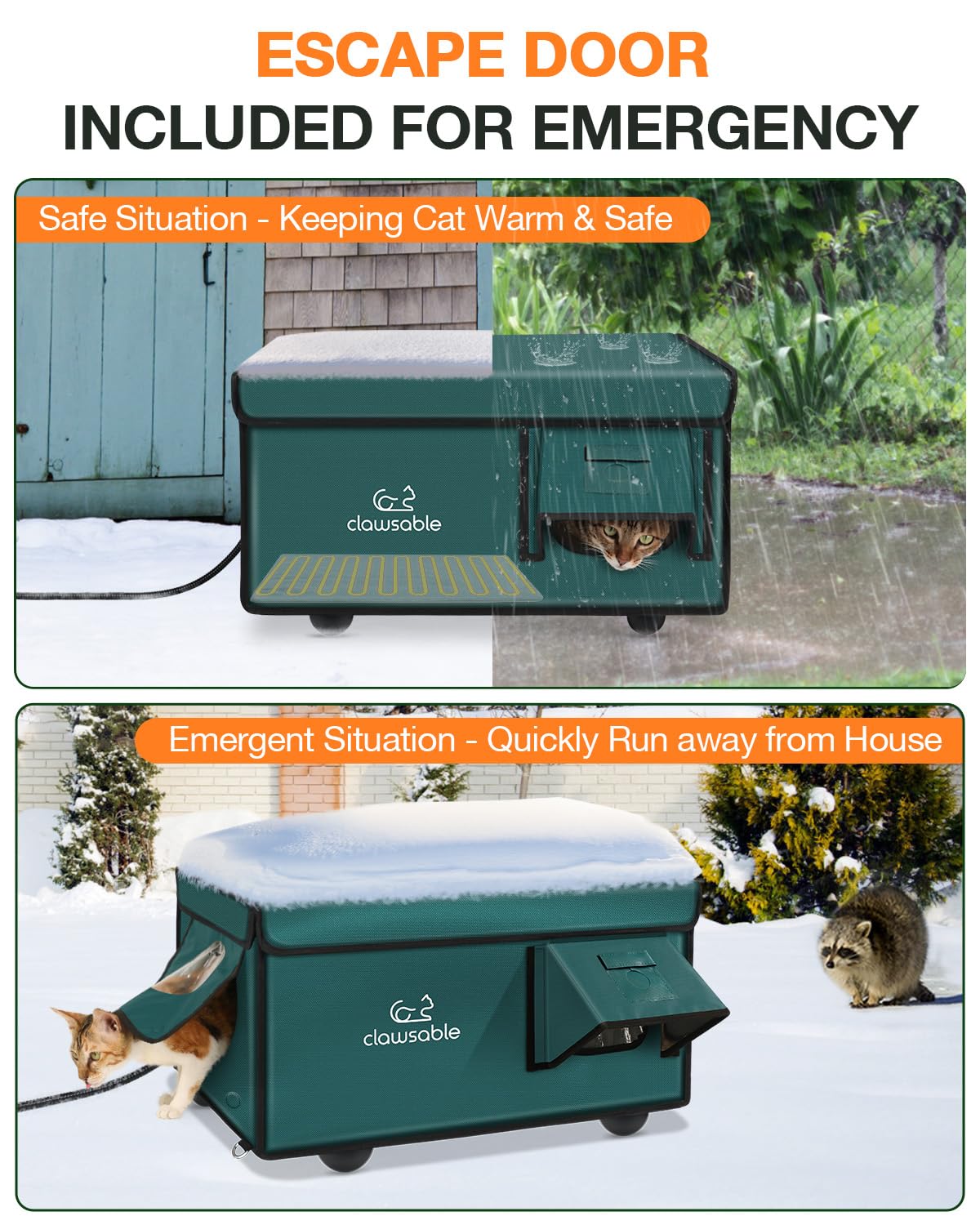 Indestructible Heated Cat House for Outside Cats Winter, 100% Weatherproof, Safe Escape Door, Insulated Outdoor Cat Shelter with