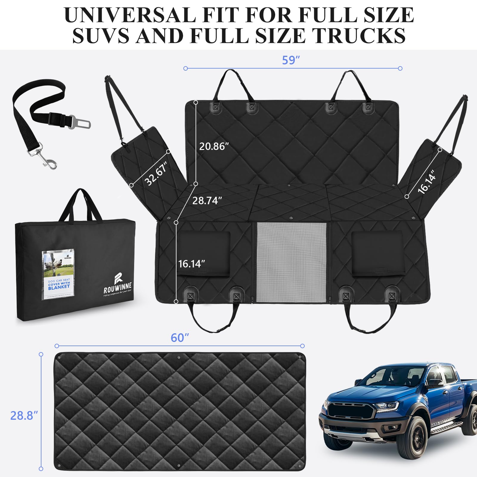 Rouwinne Back Seat Extender For Dogs Truck-With Soft Blanket, Dog Pet Seat Cover Back Seat Hard Bottom Holds 400Lbs, Backseat Do