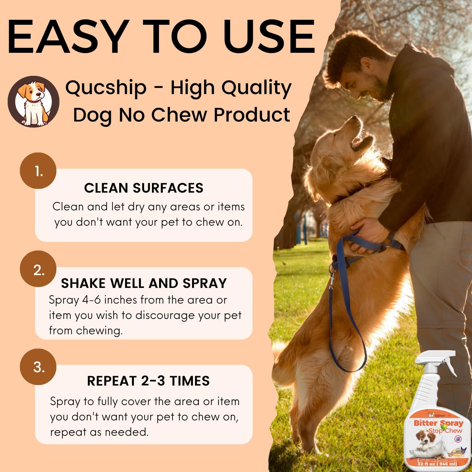 Qucship 16Oz Natural Spray To Prevent Dogs From Chewing Furniture And Items, Suitable For All Dog Breeds