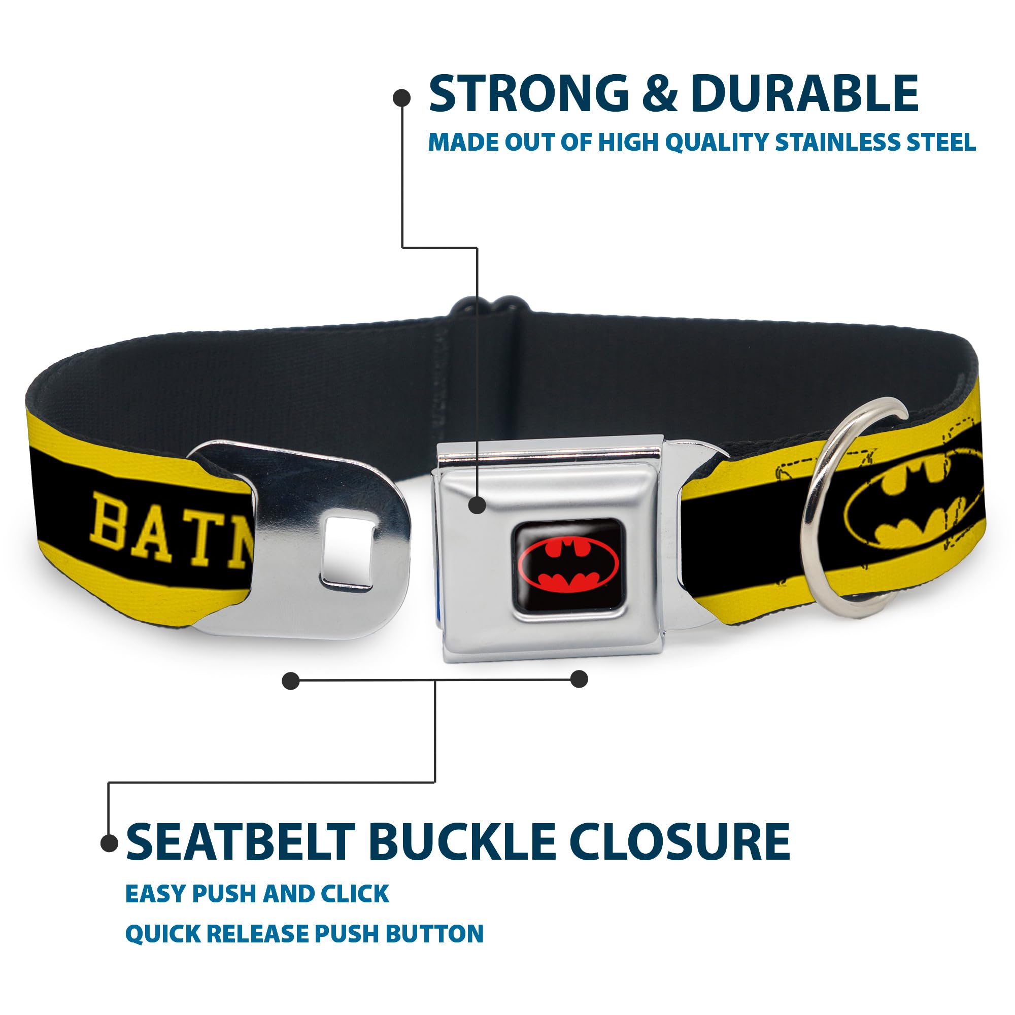 Dog Collar Seatbelt Buckle Batman Logo Stripe Yellow Black 11 To 17 Inches 1.0 Inch Wide