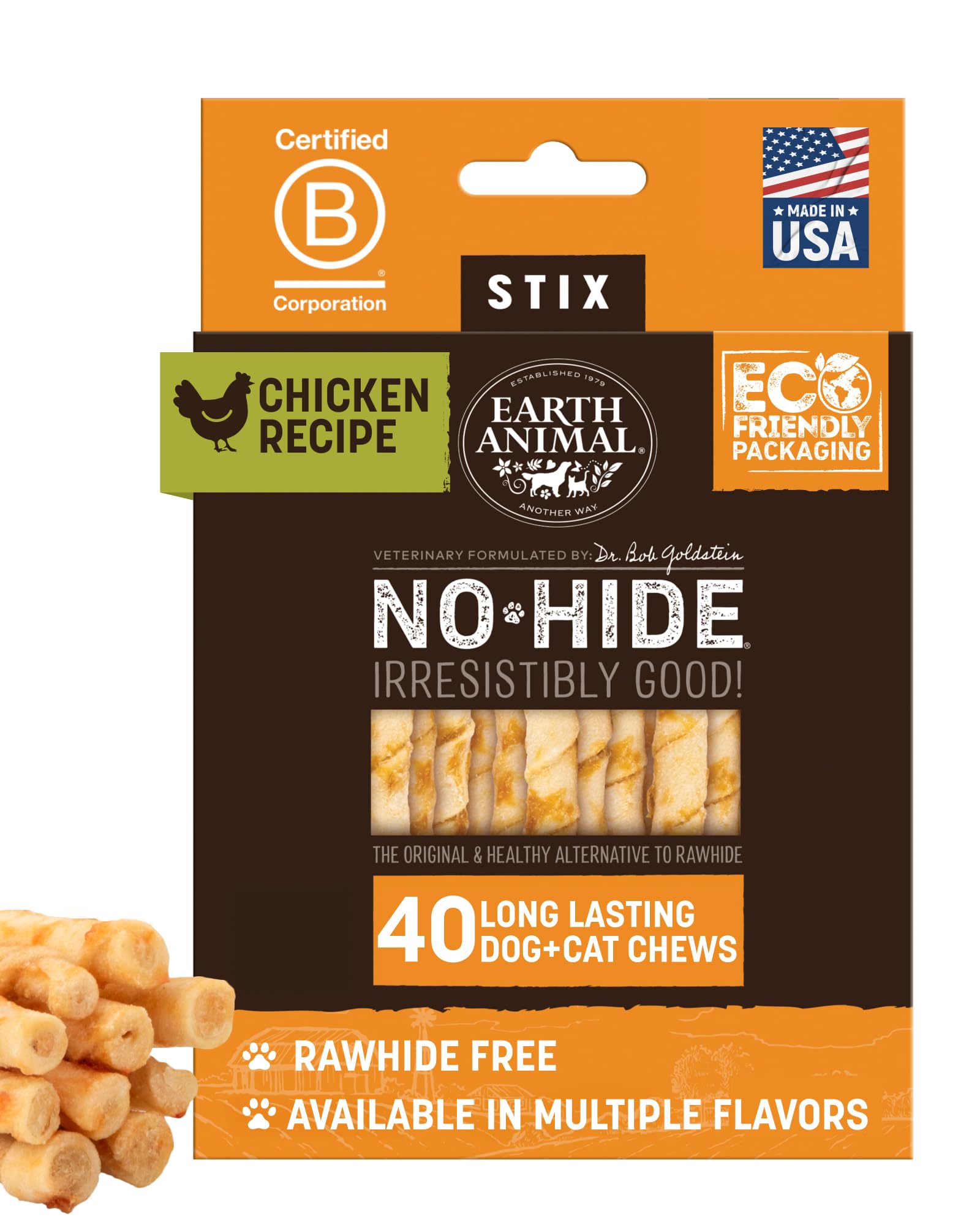 Earth Animal No Hide Stix - Long Lasting Rawhide Free Small Dog Chews Sticks, Chicken - 40 Count Extra Value Pack
