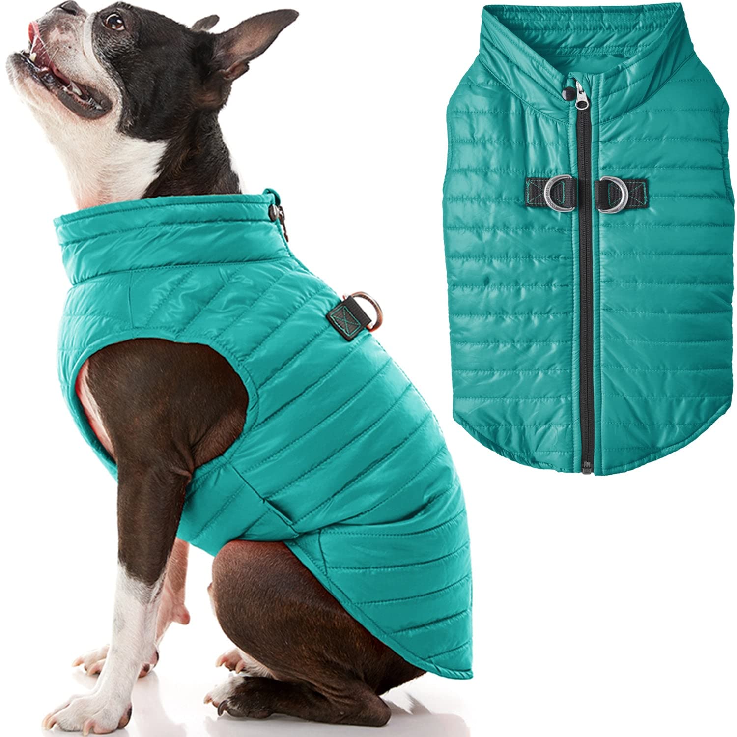 Gooby Puffer Vest Dog Jacket - Turquoise, X-Large - Ultra Thin Zip Up Wind Breaker With Dual D Ring Leash - Water Resistant Smal